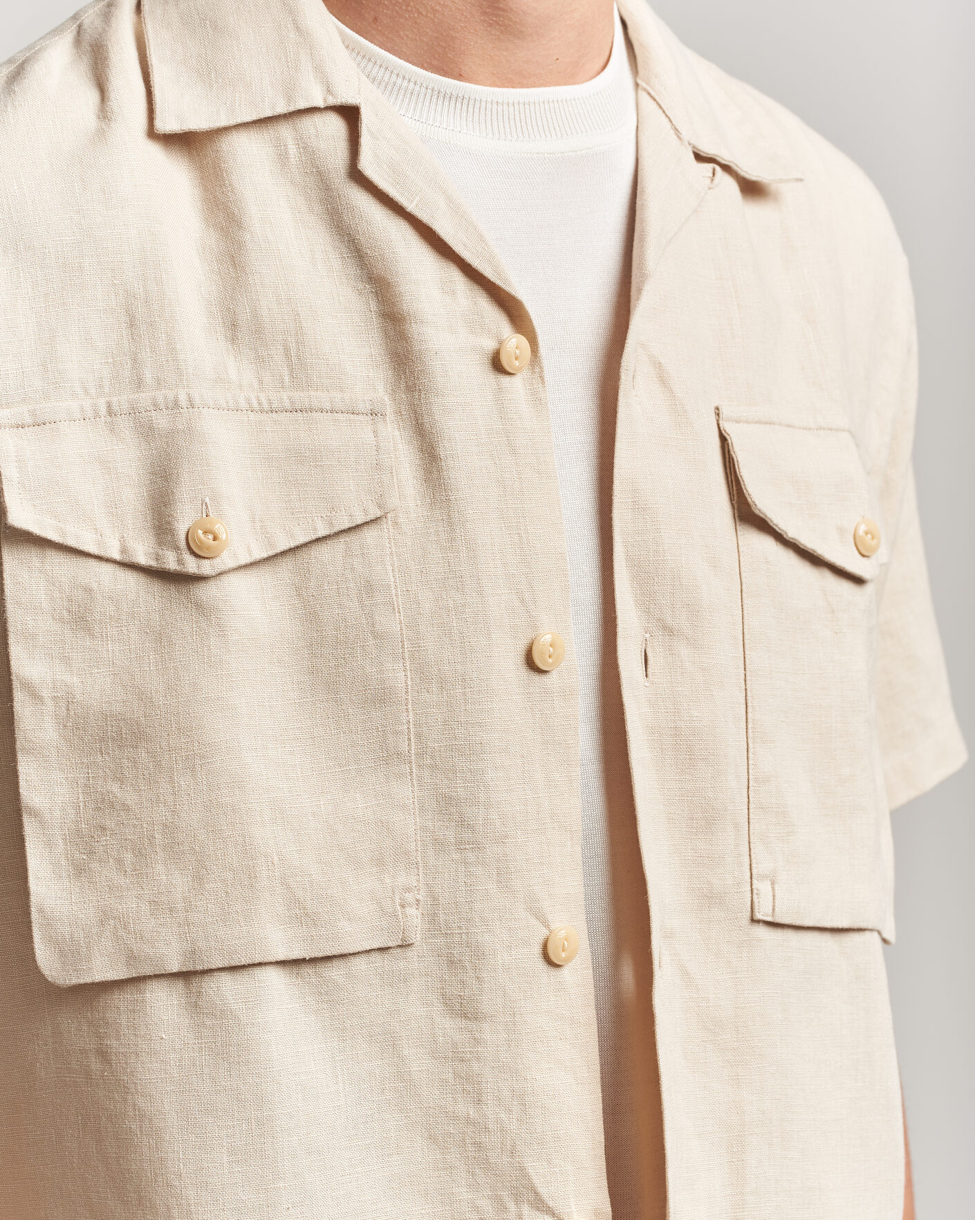 Homme | Chemises | Drake's | Military Short Sleeve Camp Collar Shirt Ecru