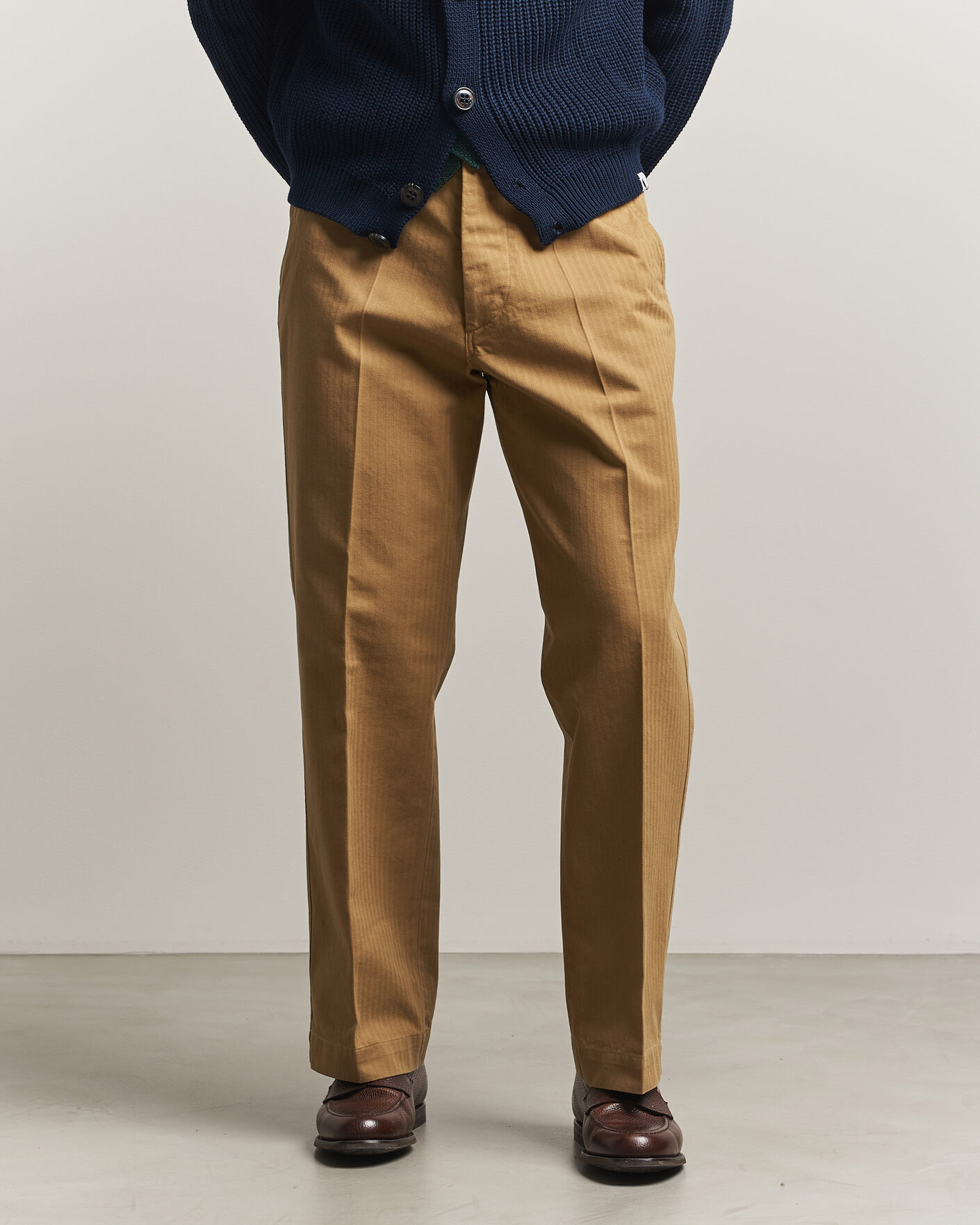 Homme | Pantalons | Drake's | Herringbone Wide Leg Chino Khaki