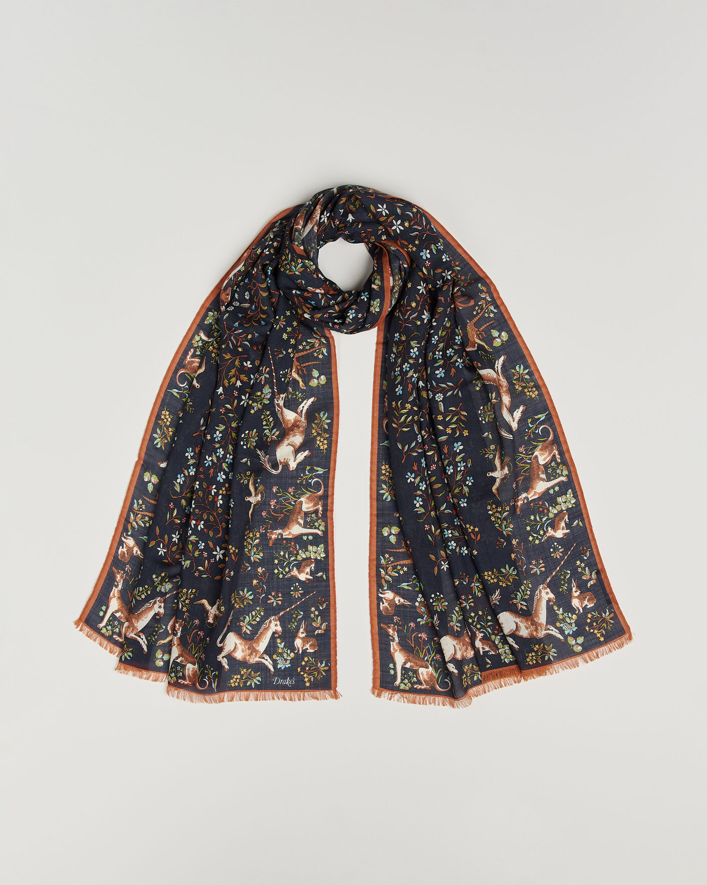 Homme | Écharpes | Drake's | Unicorn Garden Wool/Silk Print Scarf Navy