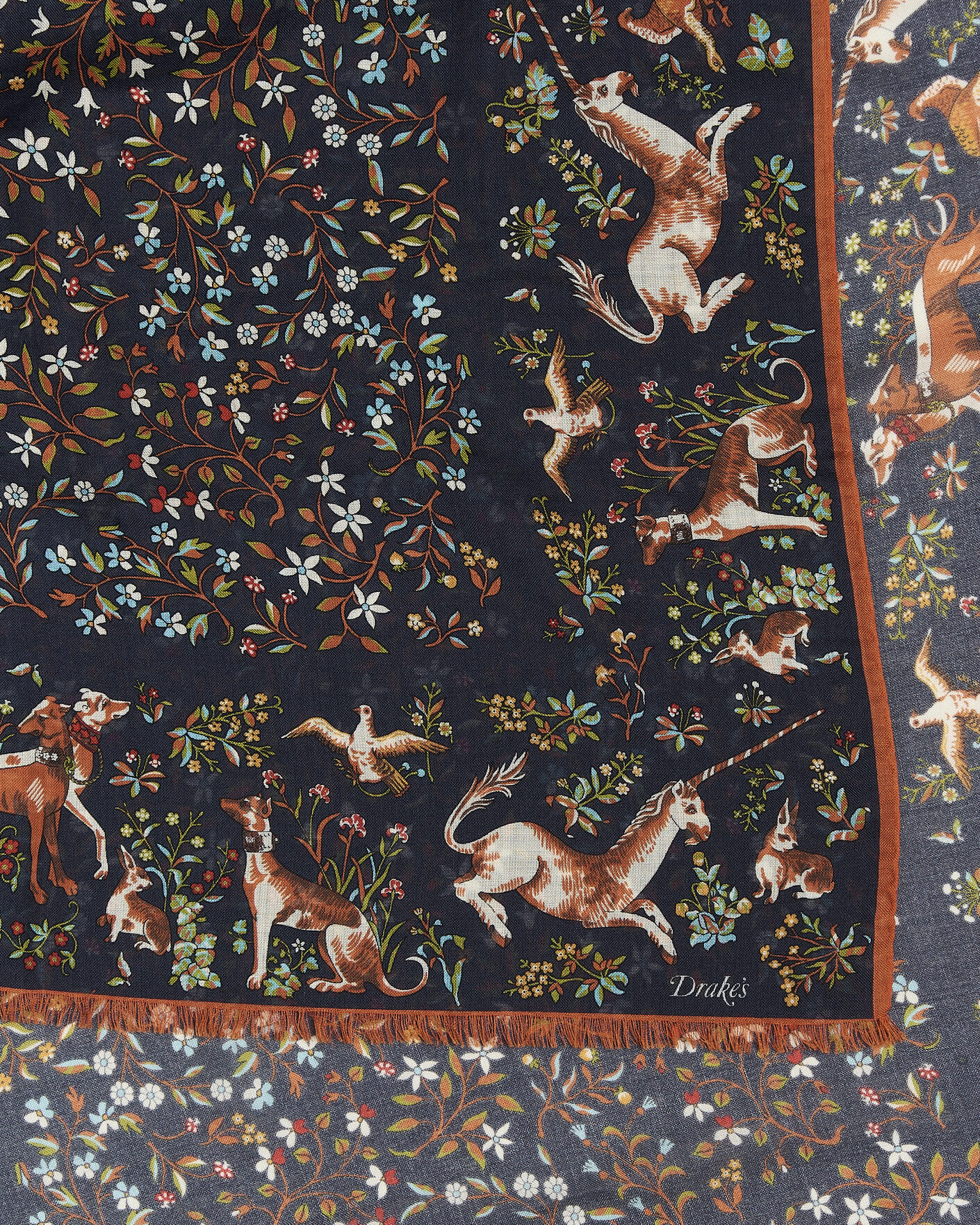 Homme | Écharpes | Drake's | Unicorn Garden Wool/Silk Print Scarf Navy