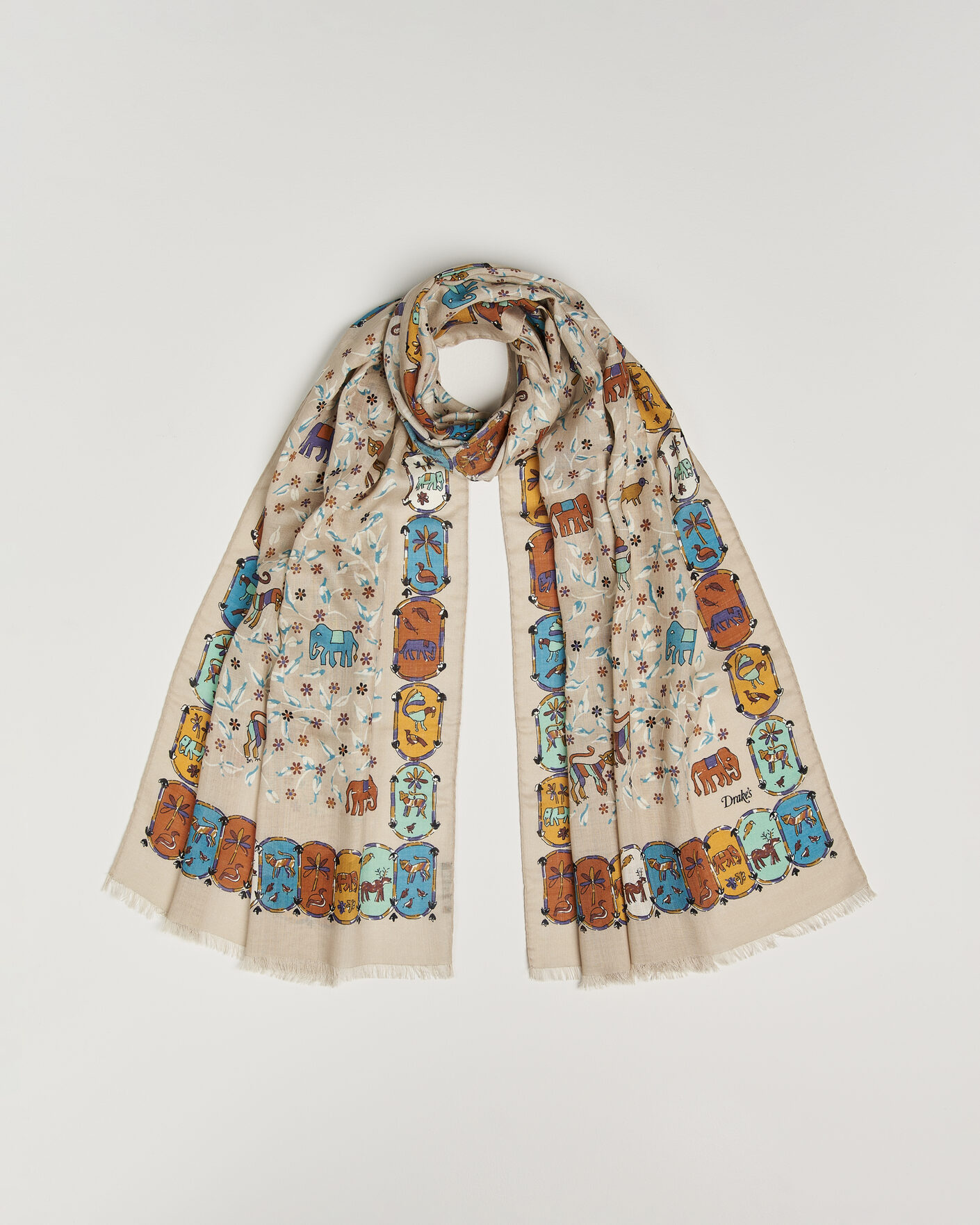 Homme | Drake's Loose Animal Wool/Silk Print Scarf Beige | Drake's | Loose Animal Wool/Silk Print Scarf Beige