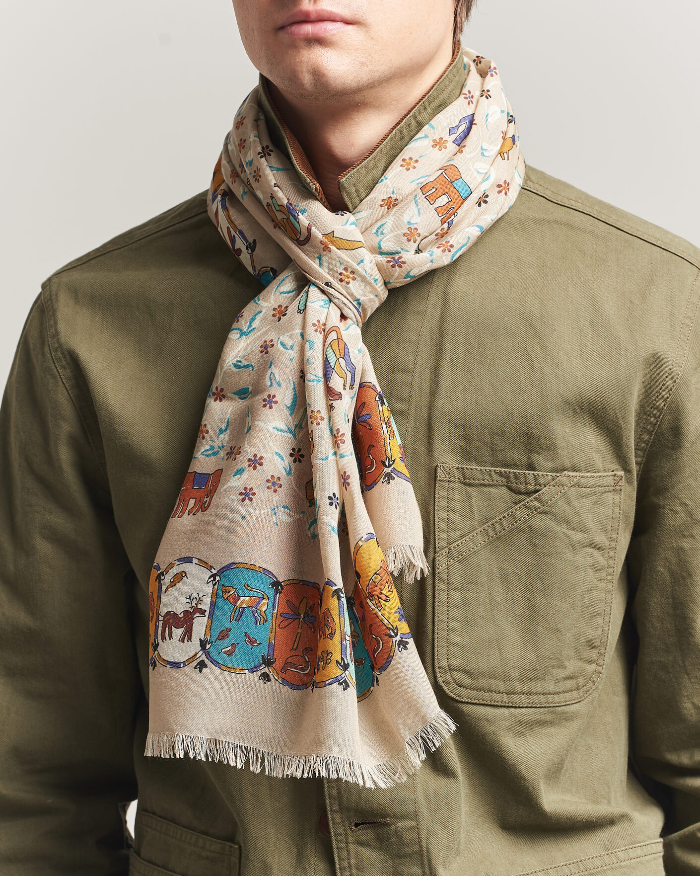 Homme | Drake's Loose Animal Wool/Silk Print Scarf Beige | Drake's | Loose Animal Wool/Silk Print Scarf Beige