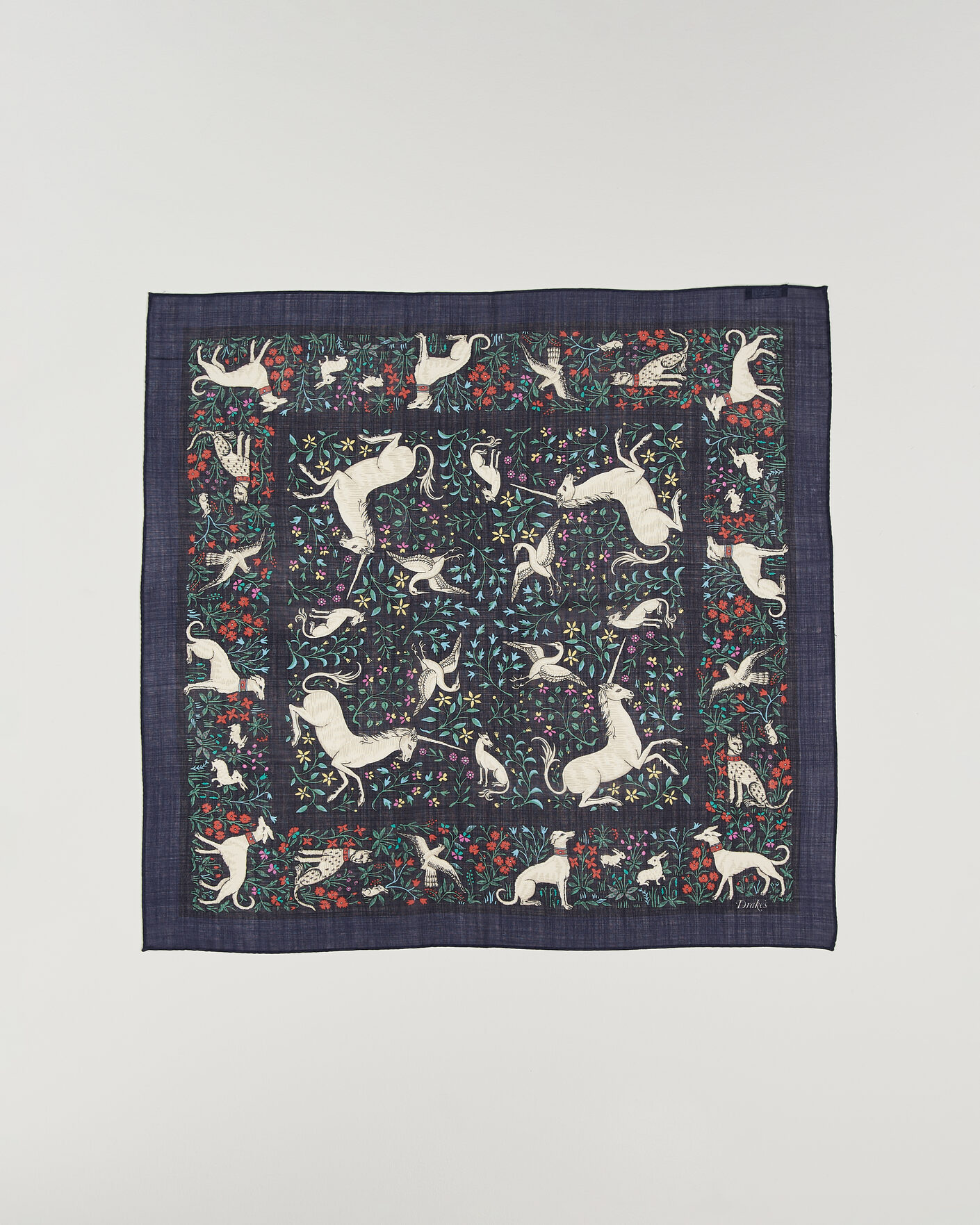 Homme | Écharpes | Drake's | Unicorn Print Wool/Silk Bandana Navy
