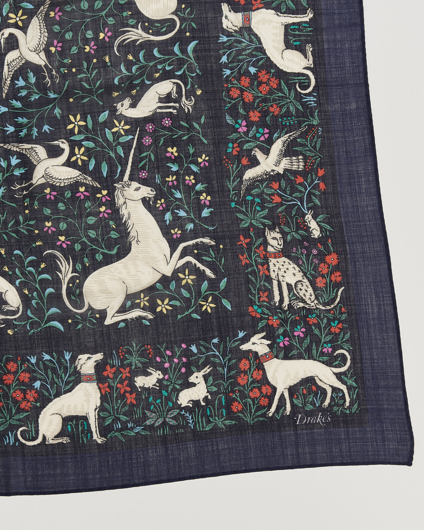 Homme | Écharpes | Drake's | Unicorn Print Wool/Silk Bandana Navy