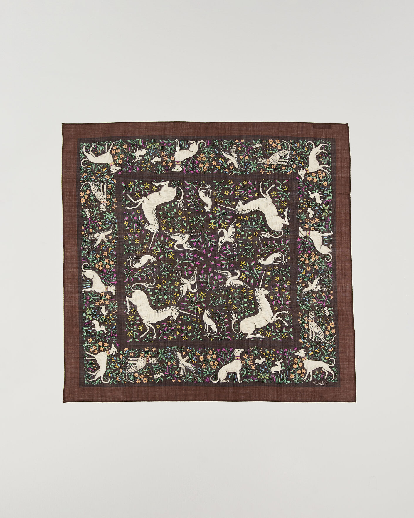 Homme | Écharpes | Drake's | Unicorn Print Wool/Silk Bandana Brown