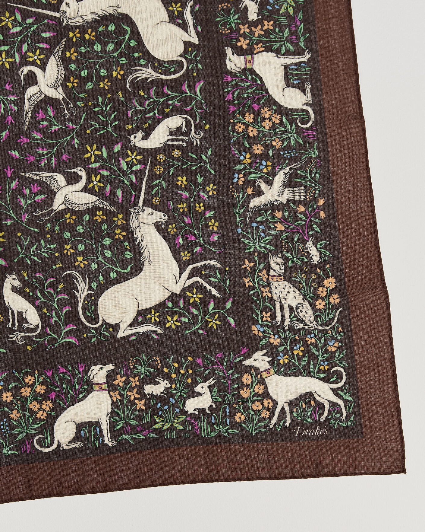 Homme | Écharpes | Drake's | Unicorn Print Wool/Silk Bandana Brown