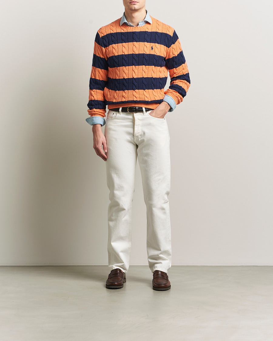 Homme | Pulls Et Tricots | Polo Ralph Lauren | Striped Cotton Cable Sweater Orange Navy Combo