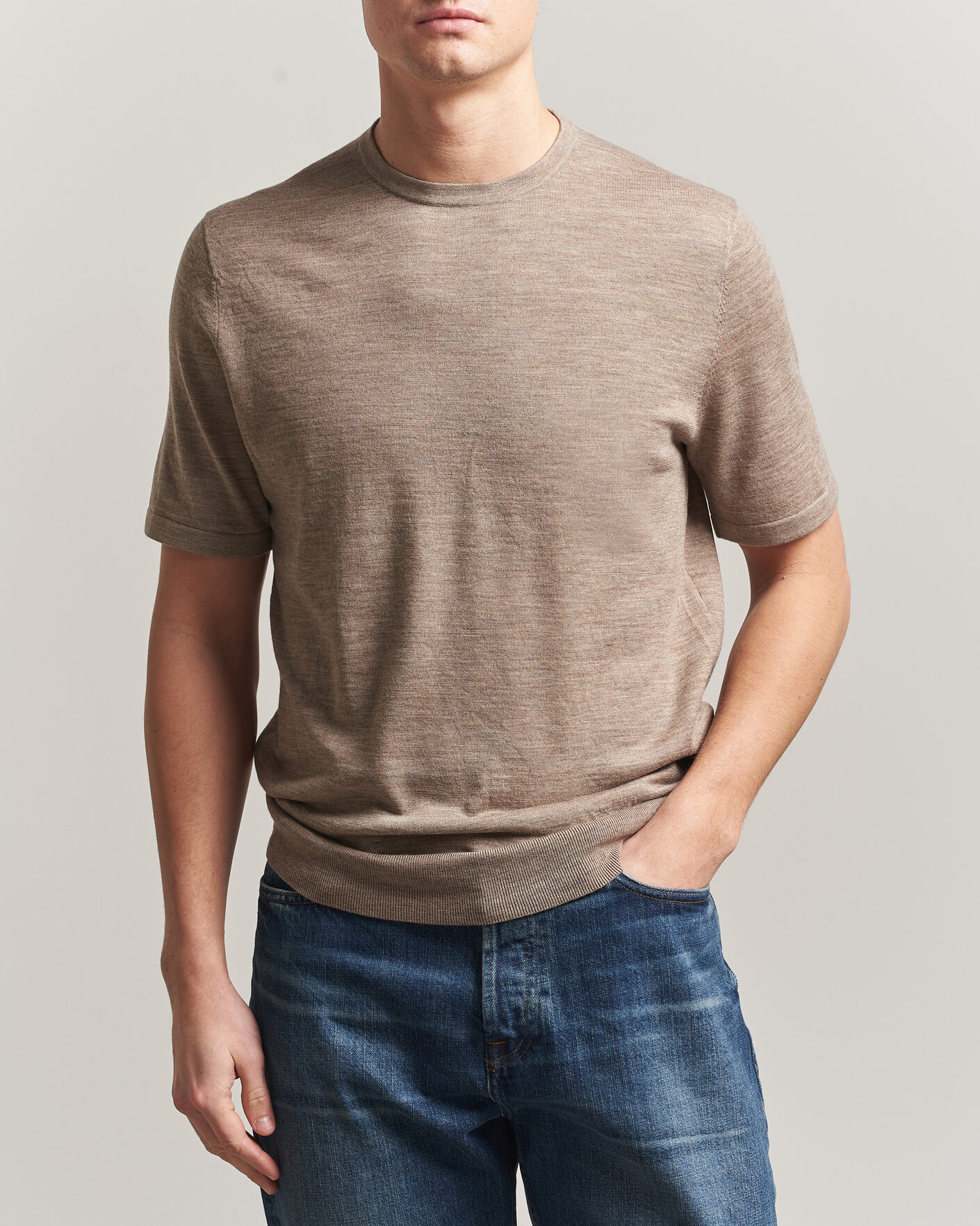 Homme | T-shirts | Tiger of Sweden | Connor Merino Knitted T-Shirt Beige Melange