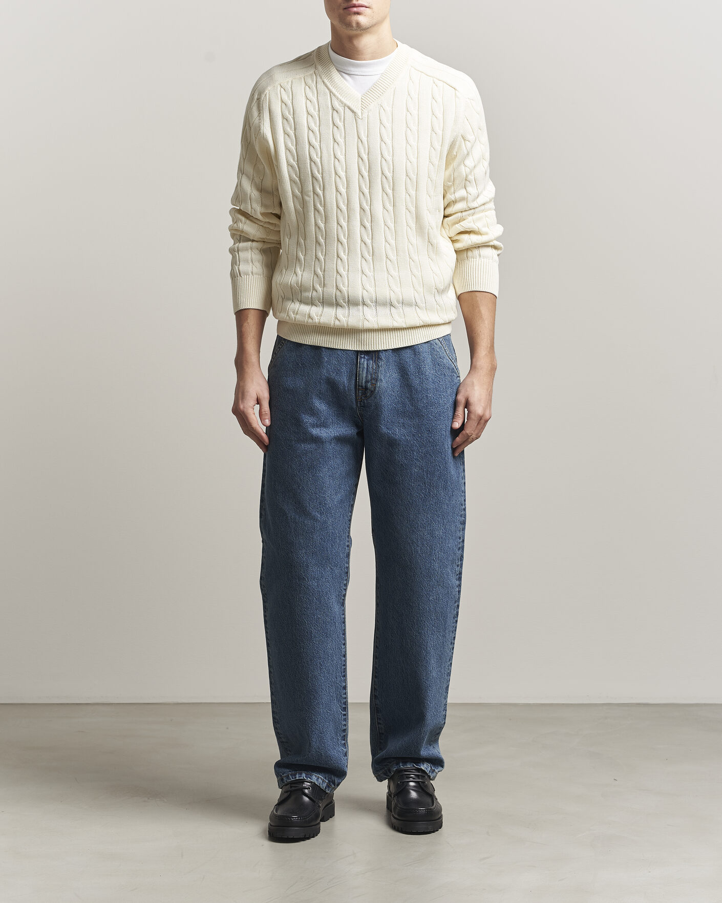 Homme | Pulls Et Tricots | Filippa K | Cotton Cable V-Neck Sweater Calico White