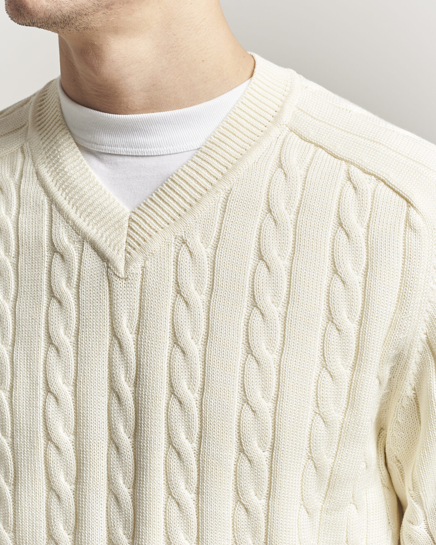 Homme | Pulls Et Tricots | Filippa K | Cotton Cable V-Neck Sweater Calico White