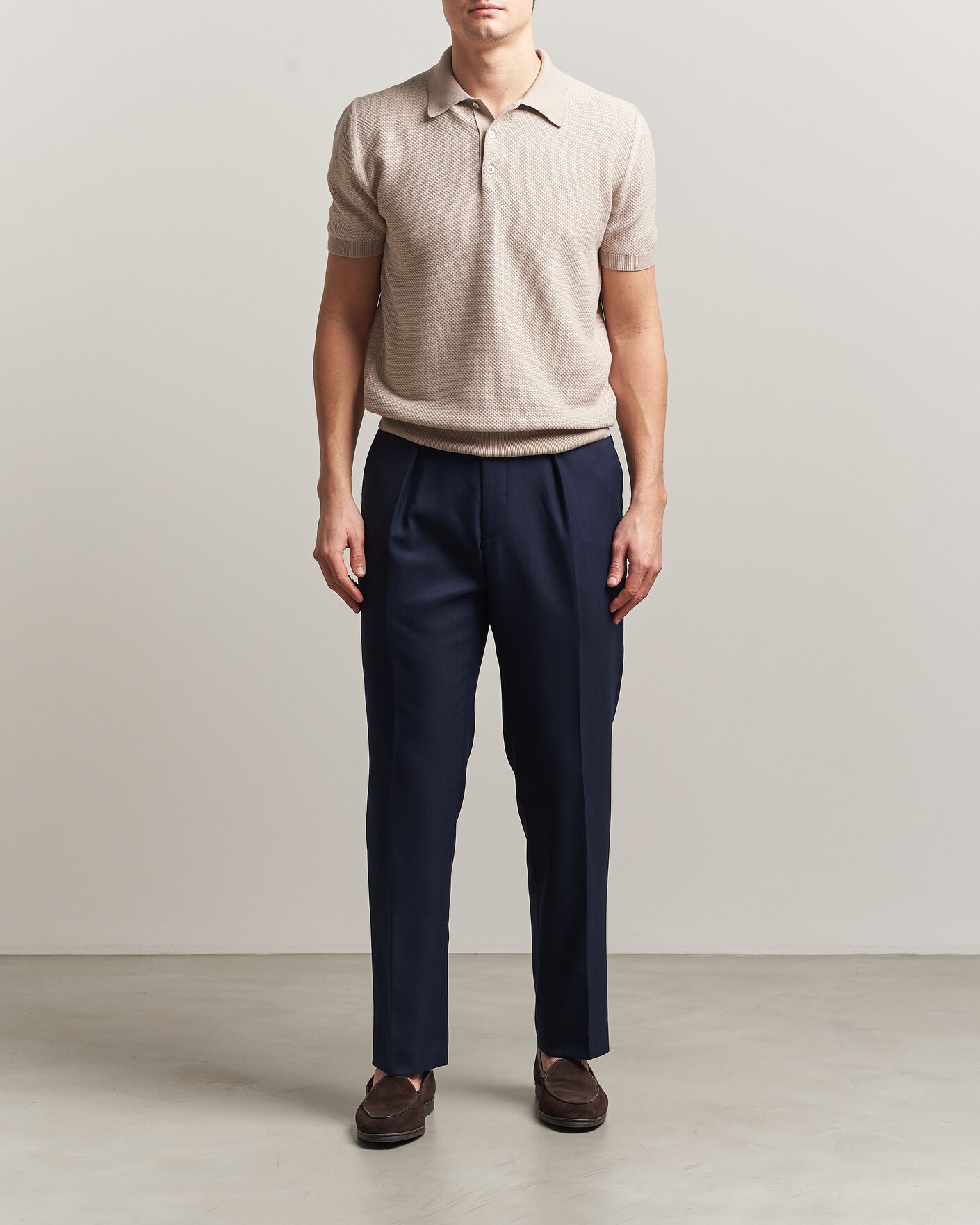 Homme | Polos | Canali | Textured Knit Short Sleeve Polo Light Beige