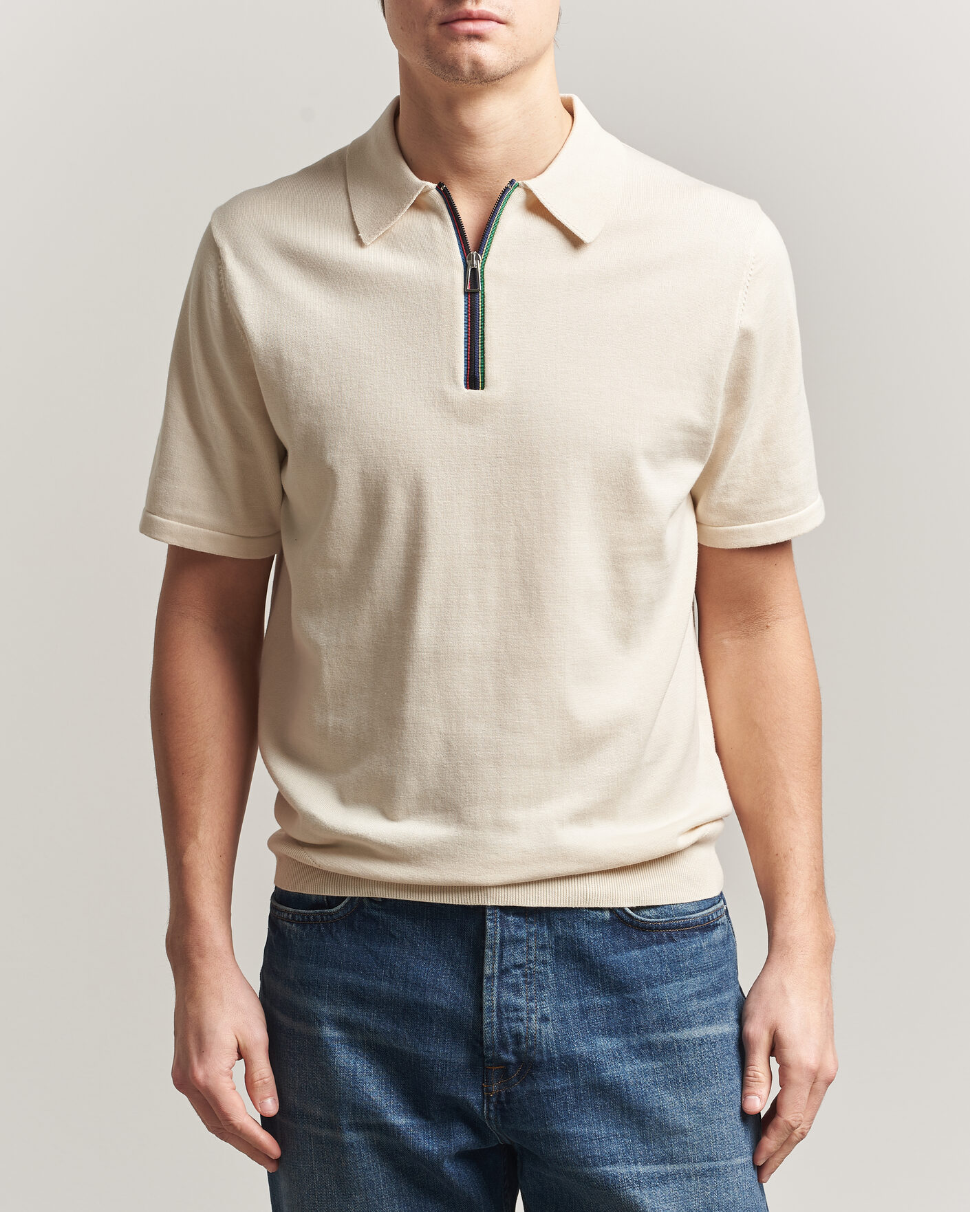Homme | Polos | PS Paul Smith | Cotton Knitted Half Zip Polo Off White