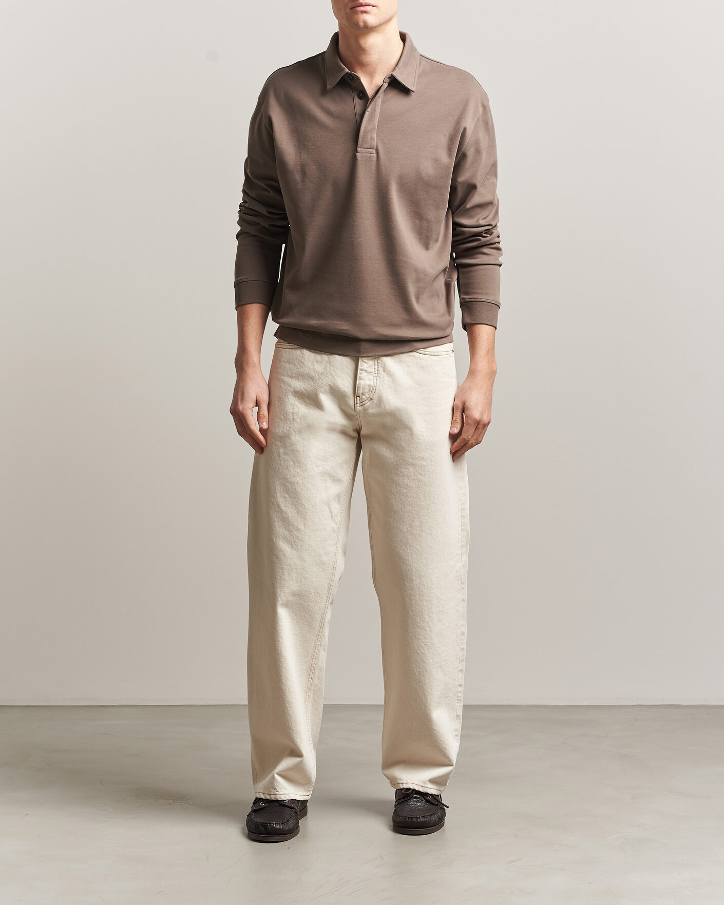 Homme | Polos | Sunspel | Heavy Weight Supima Cotton Long Sleeve Polo Dark Cedar