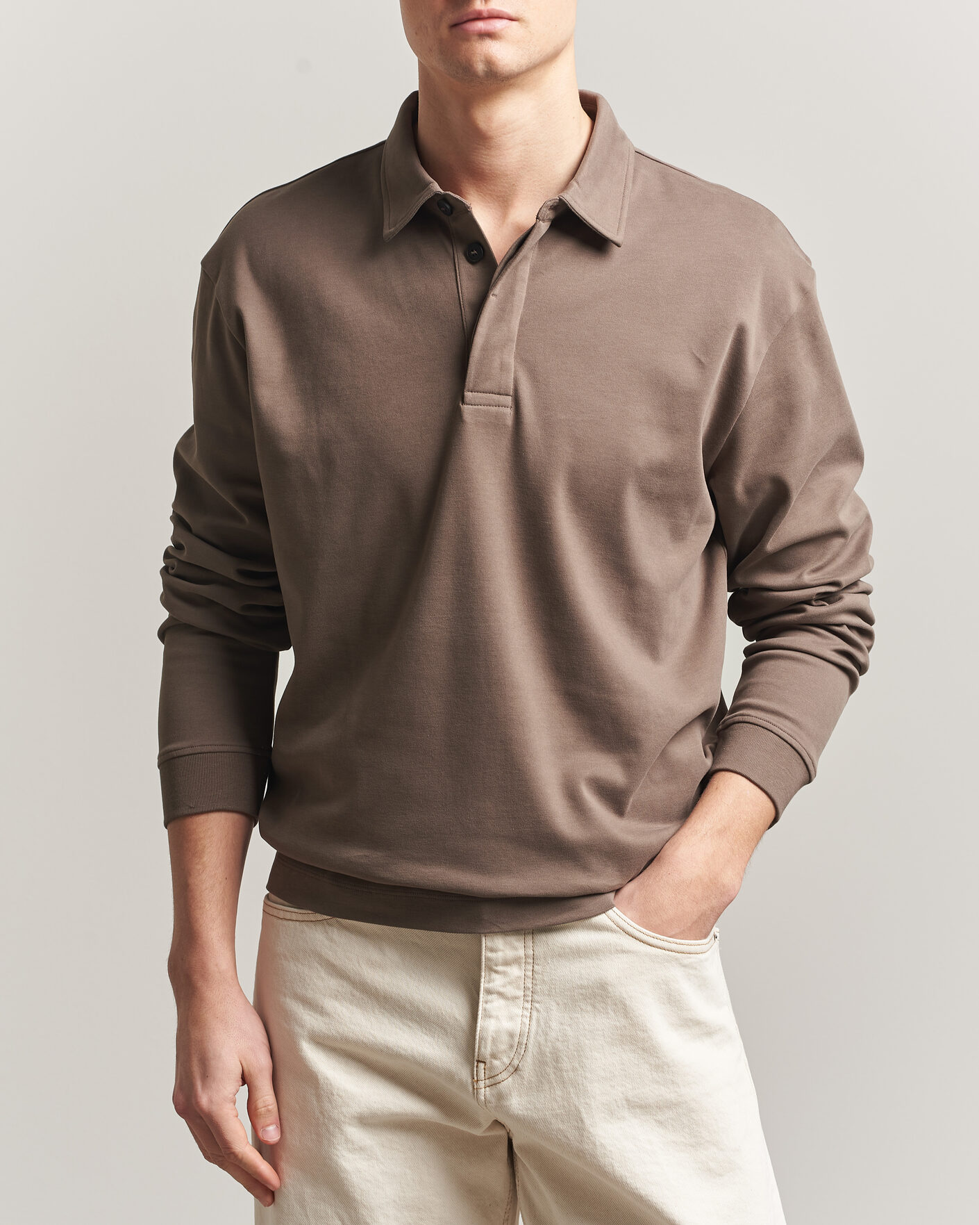 Homme | Polos | Sunspel | Heavy Weight Supima Cotton Long Sleeve Polo Dark Cedar