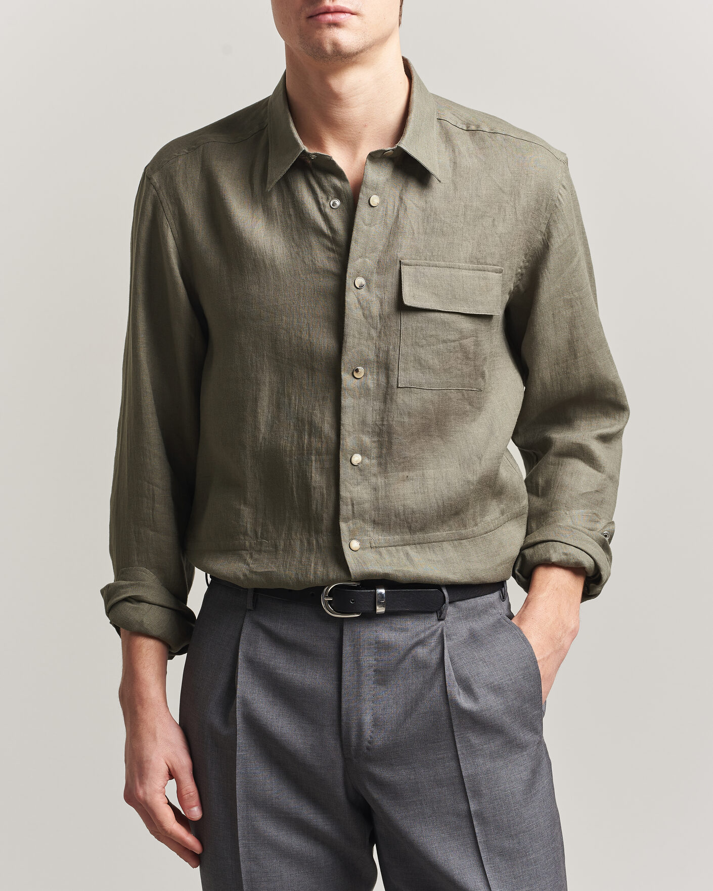 Homme | Chemises | Kiton | Linen Overshirt Khaki