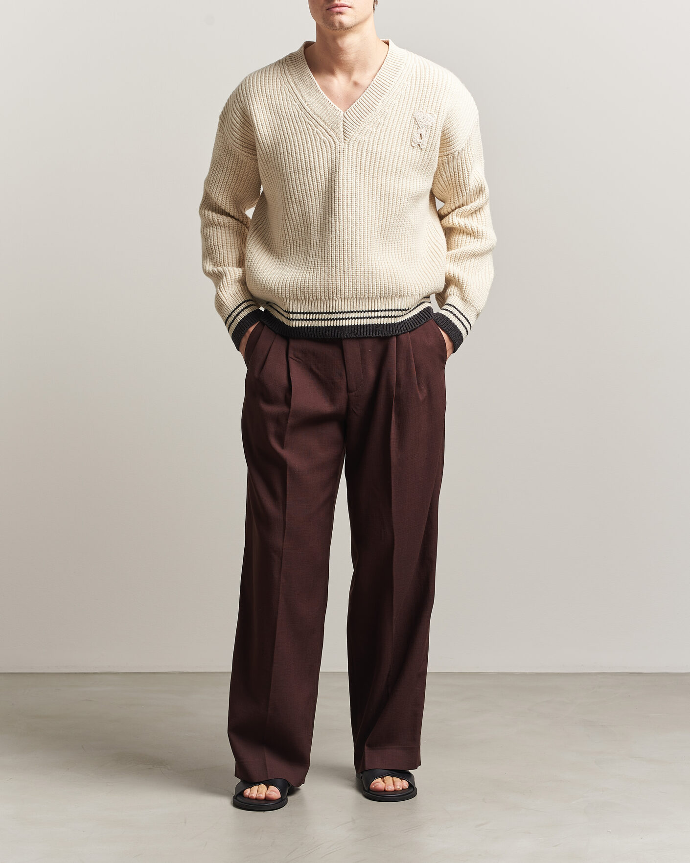 Homme | Pulls Et Tricots | AMI | Wool/Cotton Ribbed V-Neck Creme