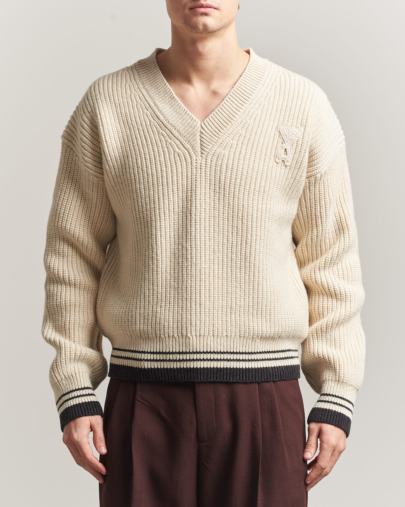 Homme | Pulls Et Tricots | AMI | Wool/Cotton Ribbed V-Neck Creme