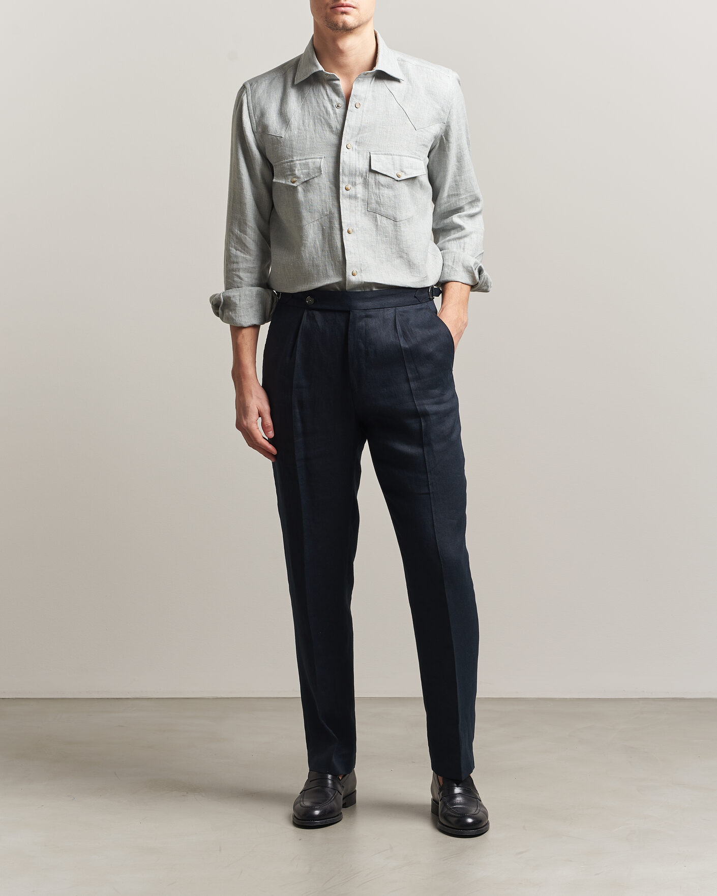 Homme | Chemises | 100Hands | Two Pocket Western Linen Shirt Mint Green