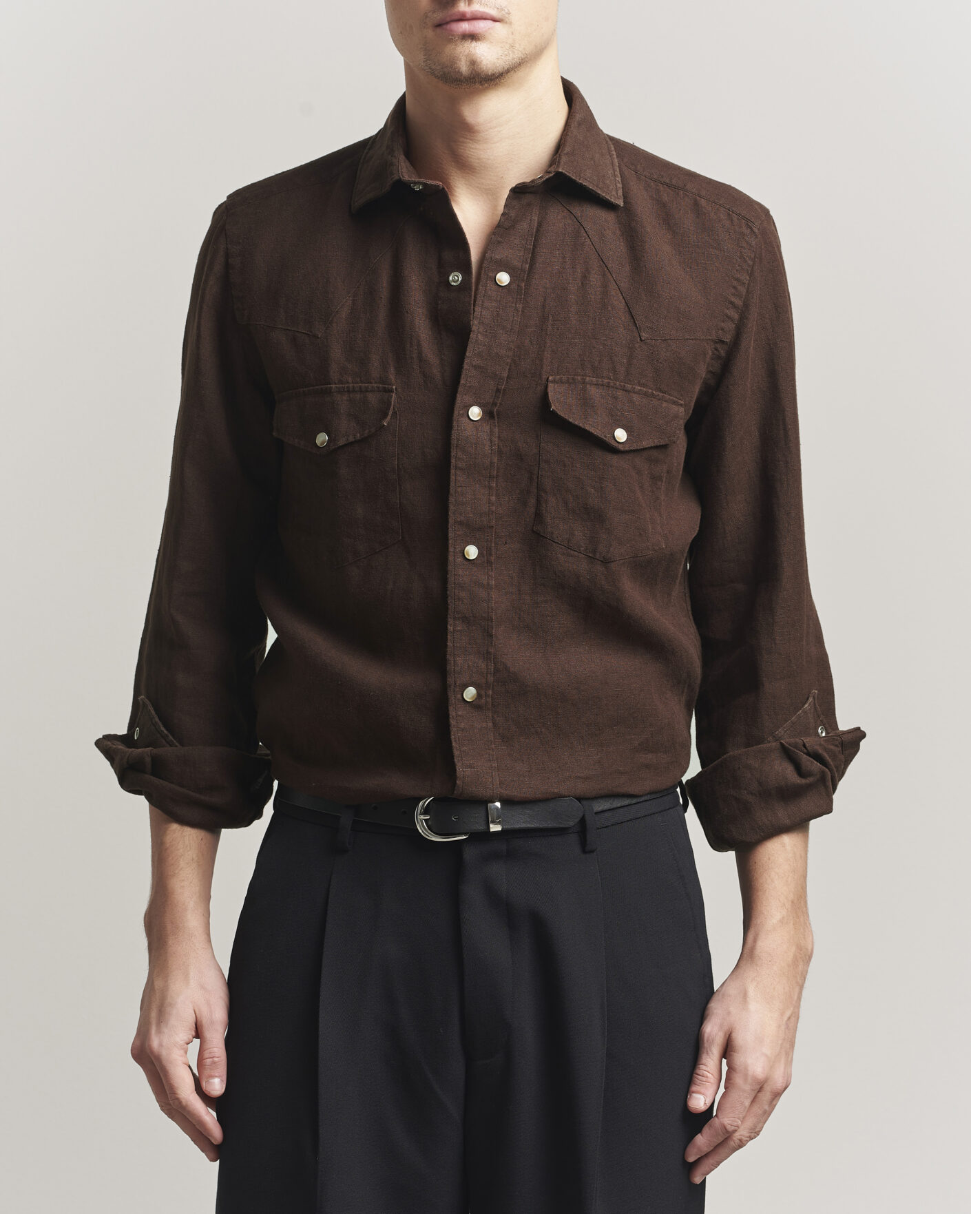 Homme | Chemises | 100Hands | Two Pocket Western Linen Shirt Chocolate