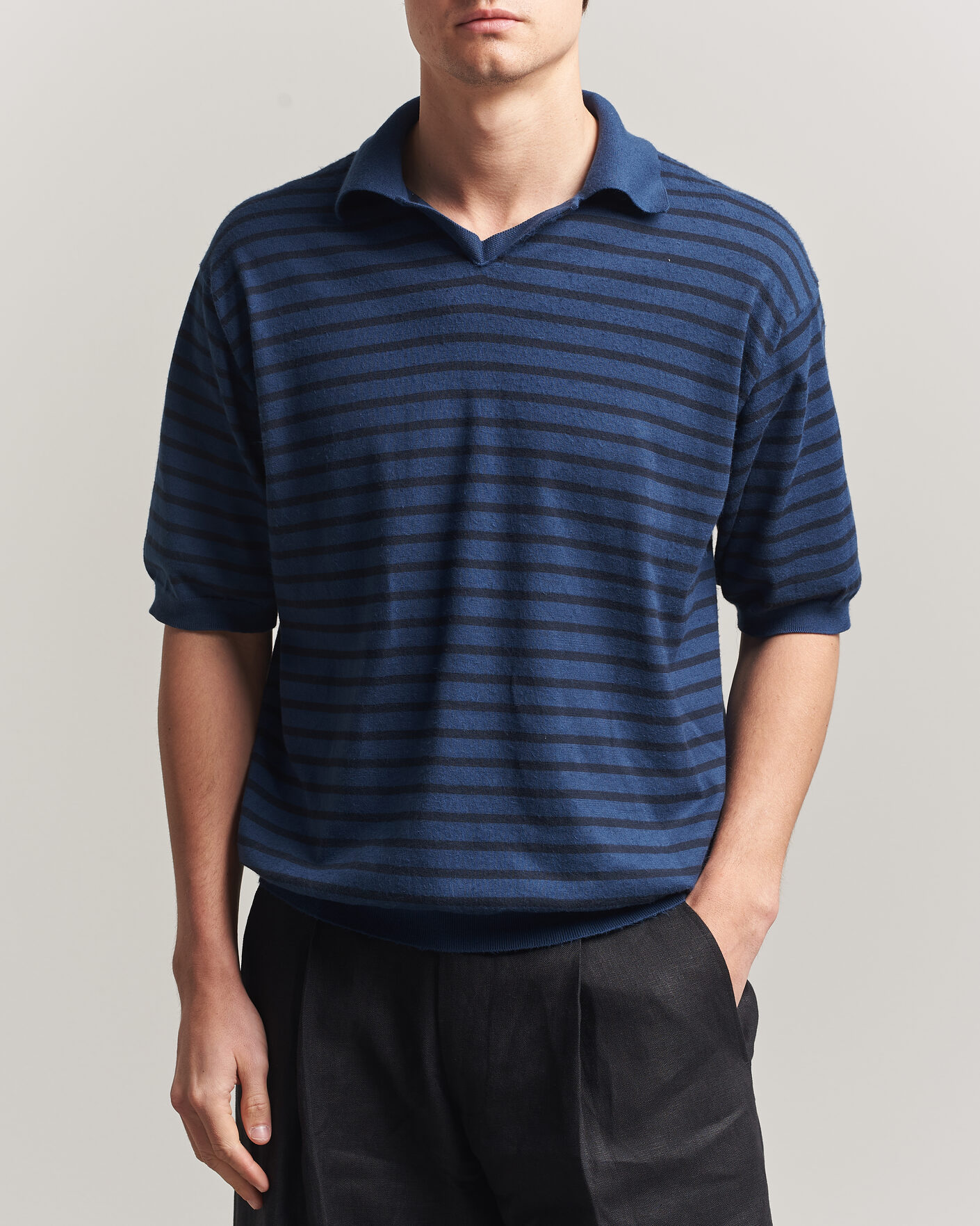 Homme | Polos | Auralee | Cotton Knit Skipper Polo Navy Stripe