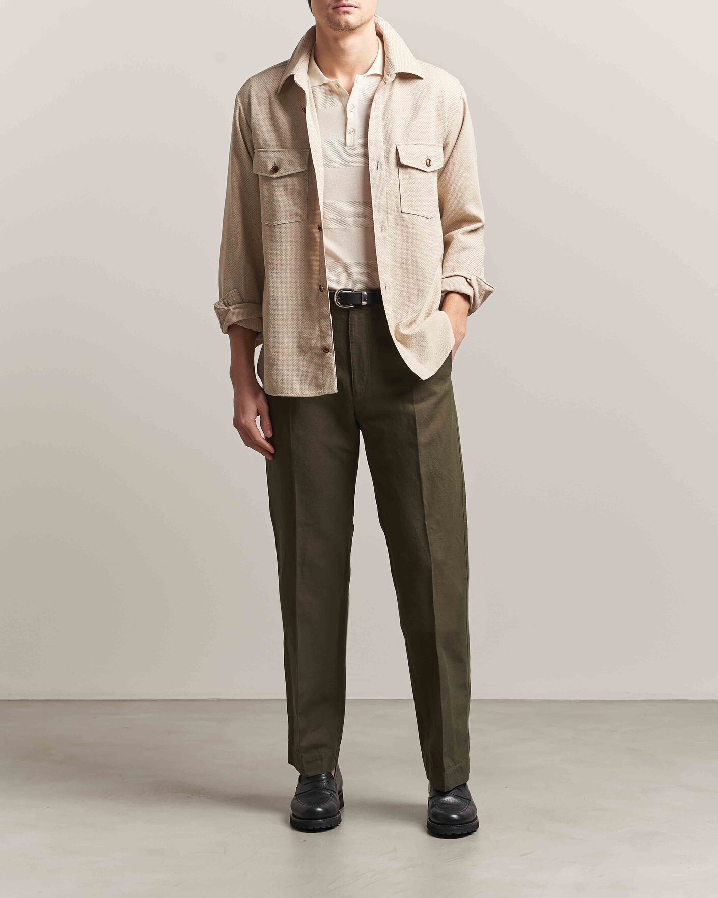 Homme | Pantalons | Incotex | Regular Fit Cotton/Linen Drill Trousers Military