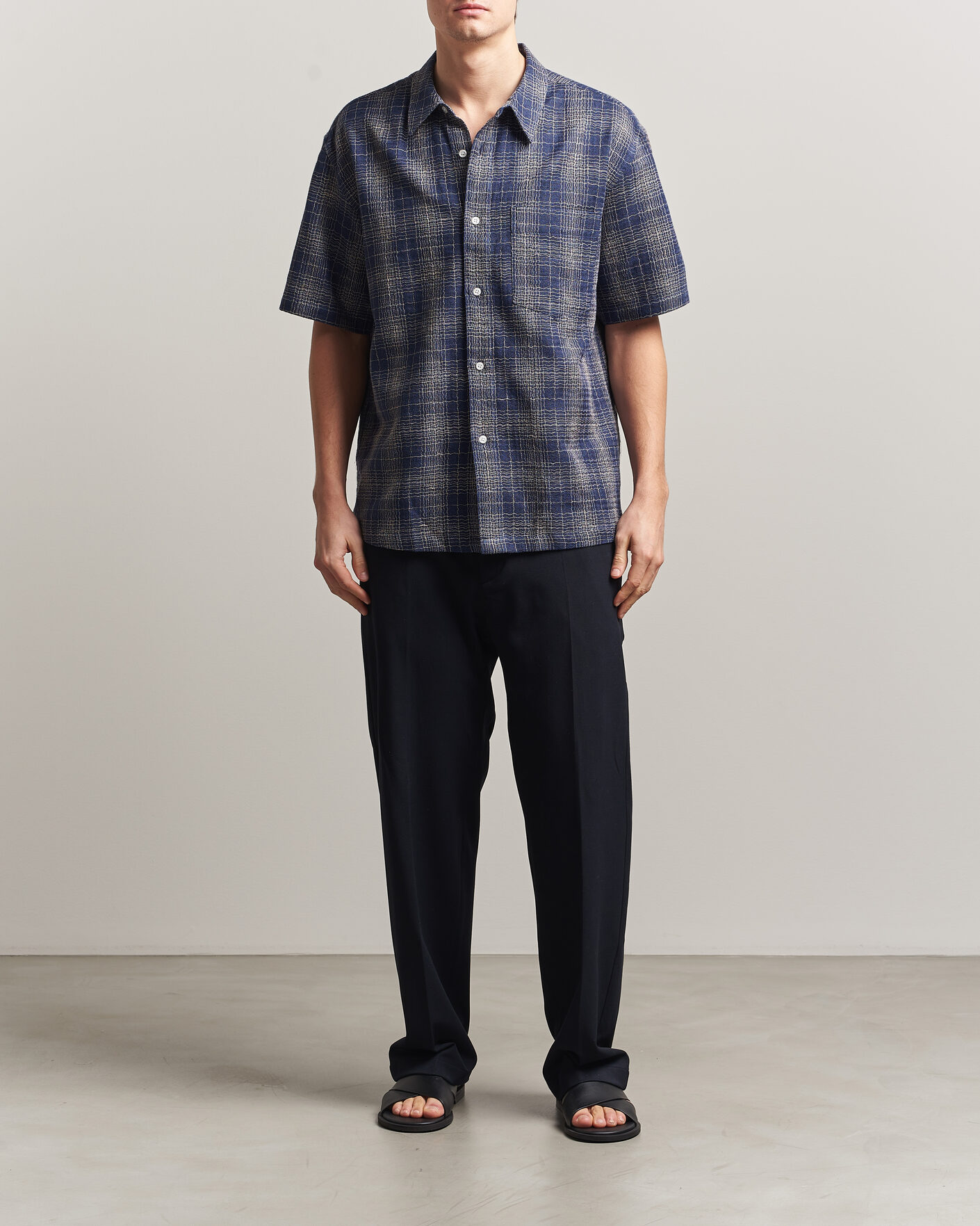 Homme | Chemises | Palmes | Cotton/Linen Short Sleeve Shirt Navy Check