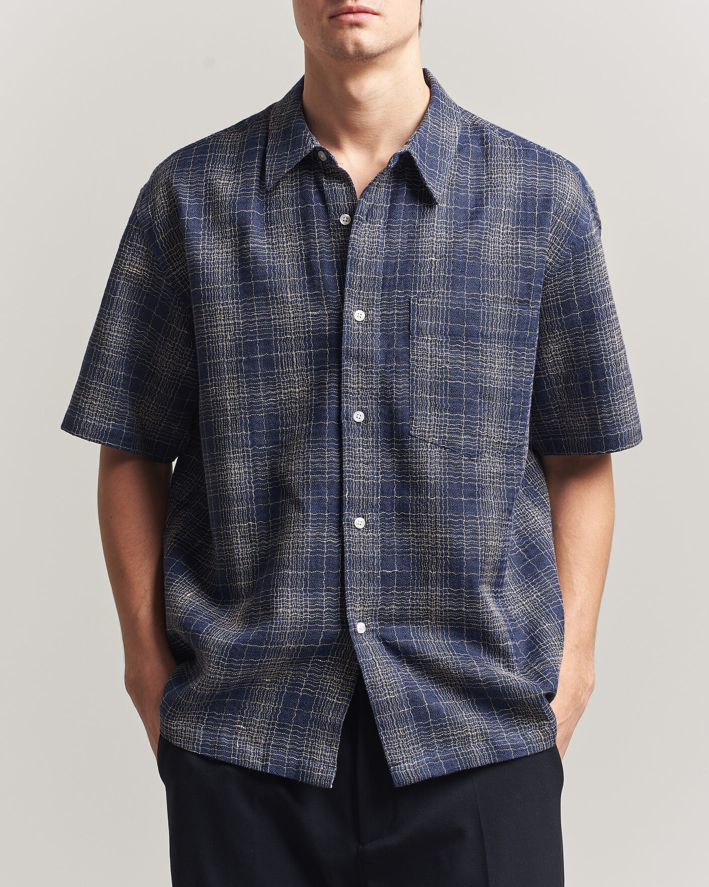 Homme | Chemises | Palmes | Cotton/Linen Short Sleeve Shirt Navy Check