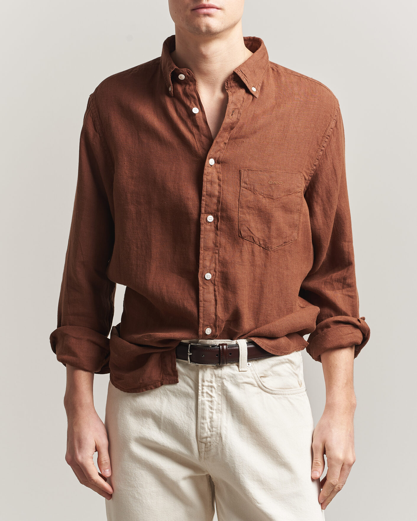 Homme | Chemises | Gant | Regular Fit Garment Dyed Linen Shirt Mahogany Brown