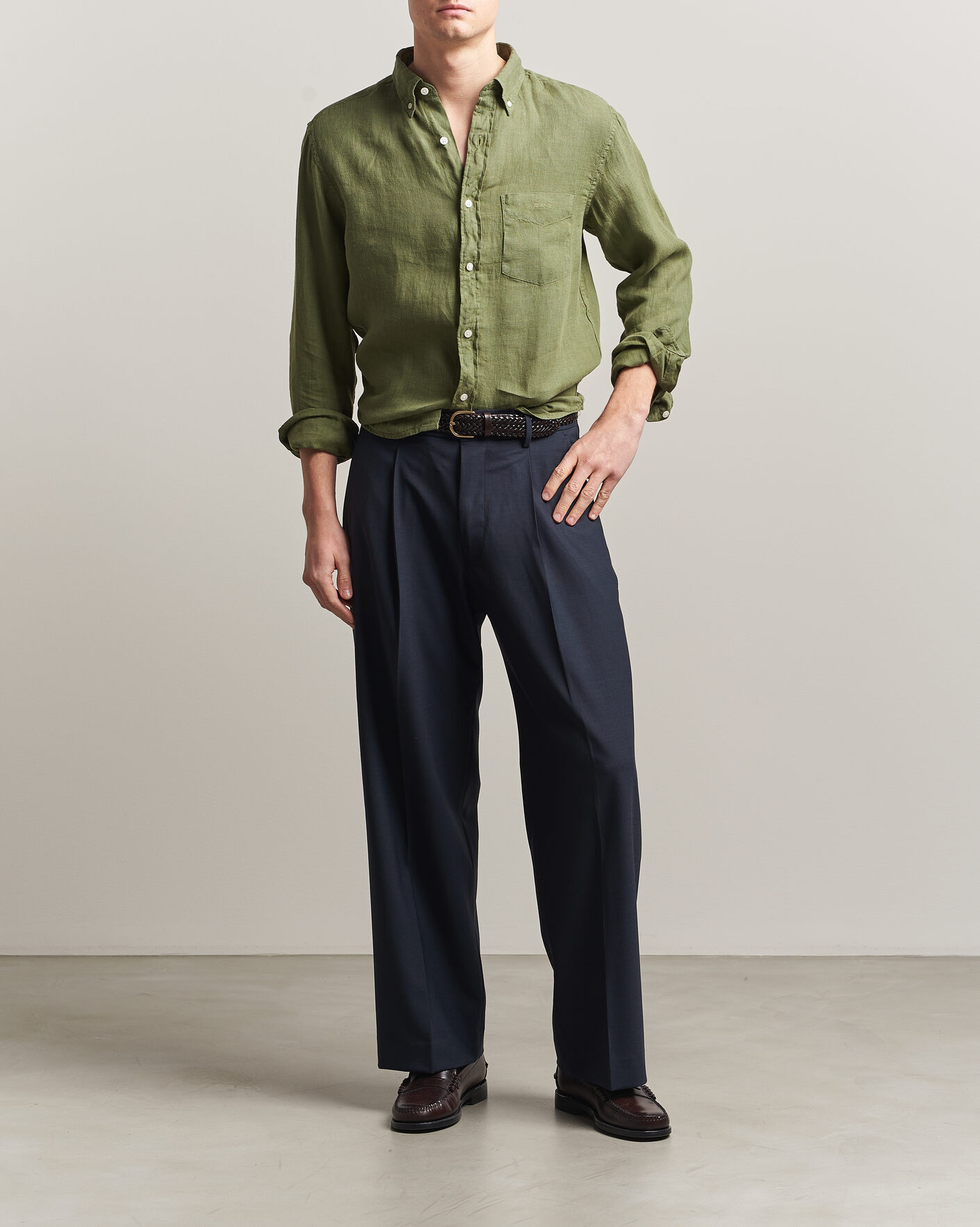 Homme | Chemises | Gant | Regular Fit Garment Dyed Linen Shirt Dry Herb Green