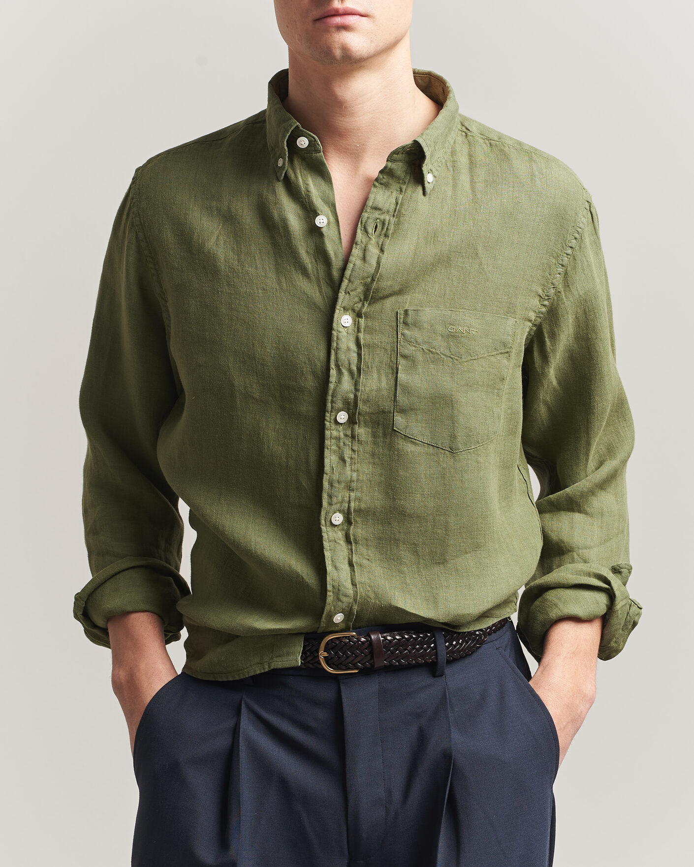 Homme | Chemises | Gant | Regular Fit Garment Dyed Linen Shirt Dry Herb Green