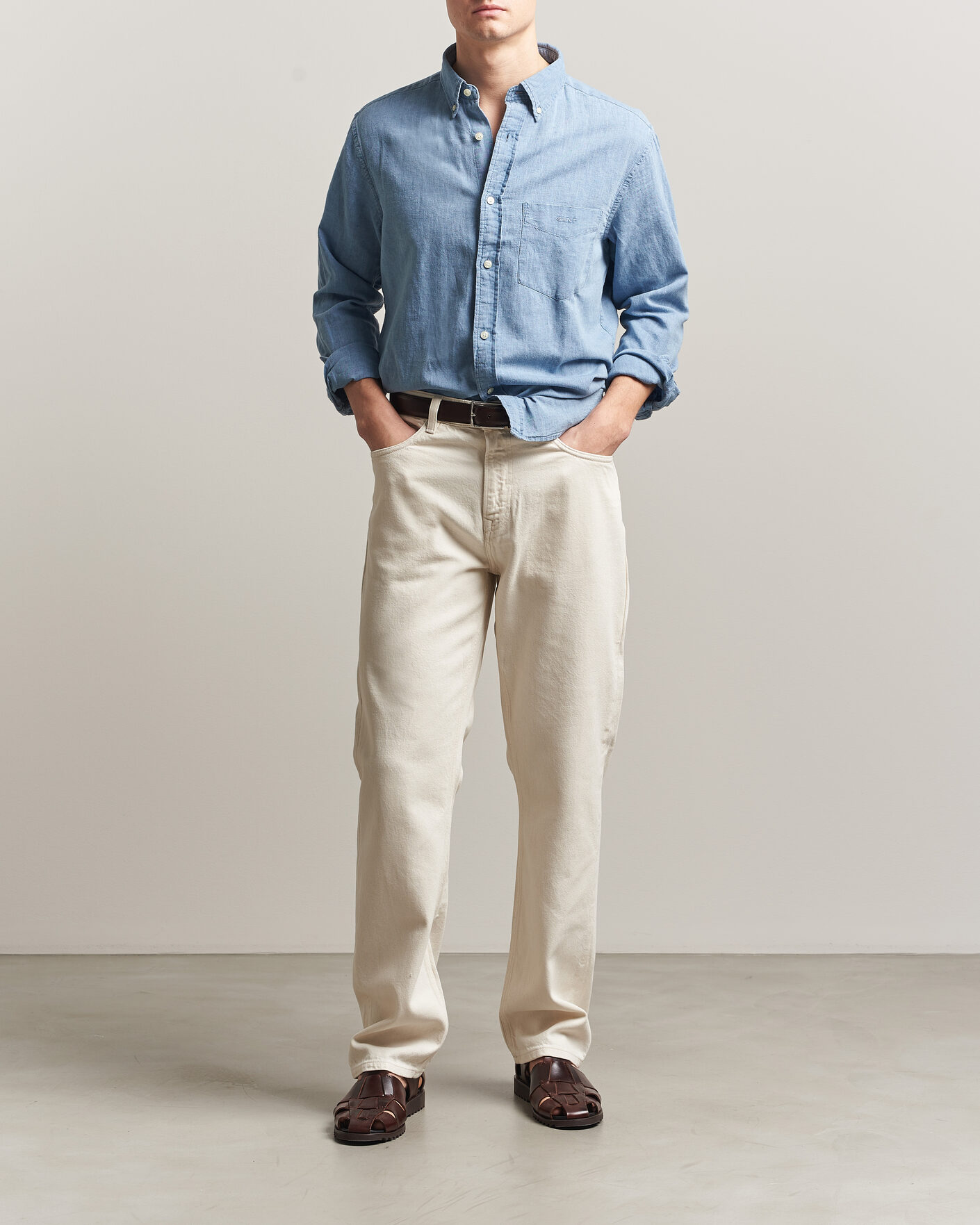 Homme | Chemises | Gant | Regular Fit Cotton Linen Indigo Shirt Semi Light Blue