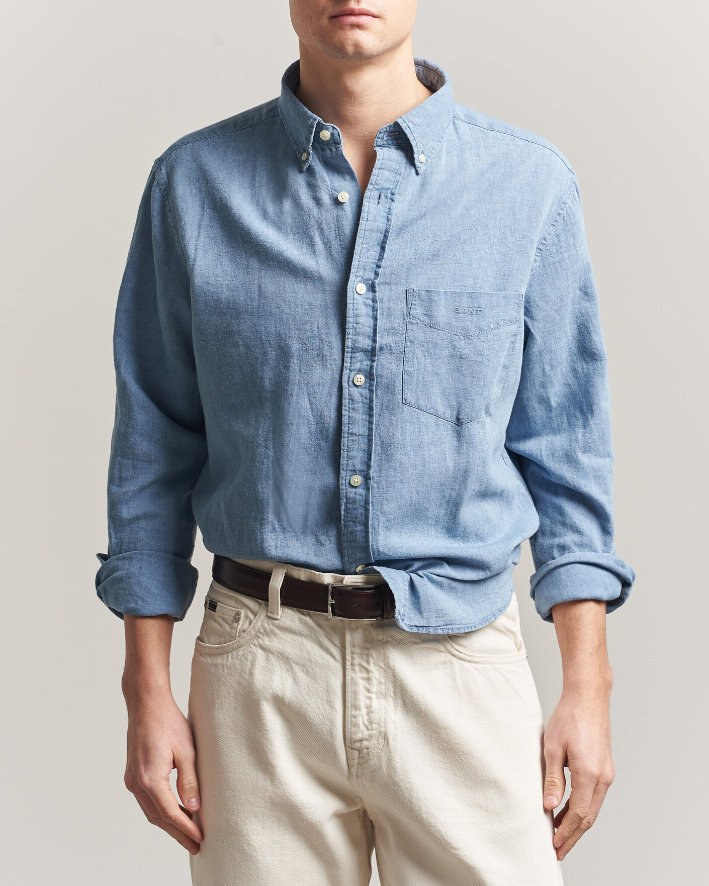Homme | Chemises | Gant | Regular Fit Cotton Linen Indigo Shirt Semi Light Blue