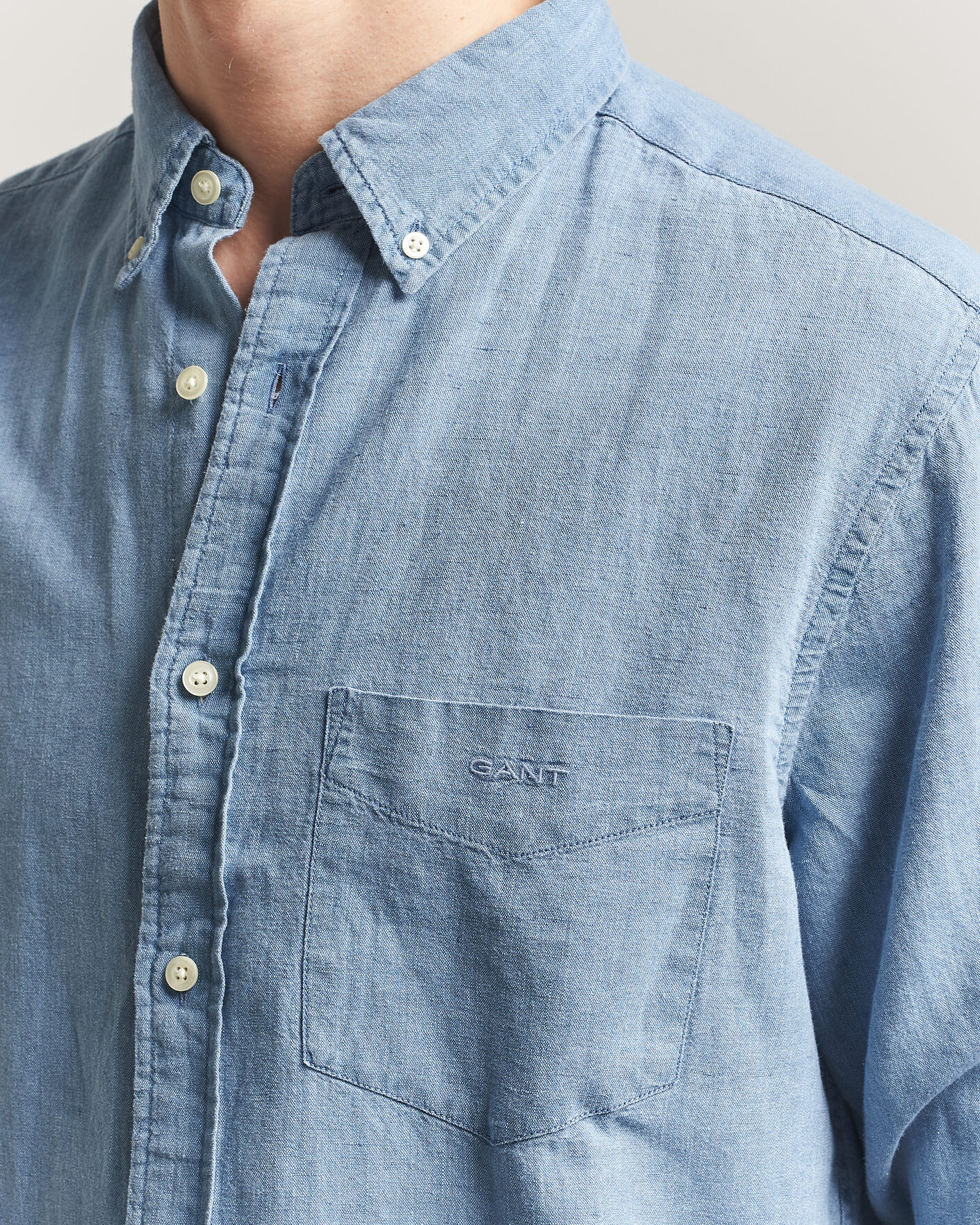 Homme | Chemises | Gant | Regular Fit Cotton Linen Indigo Shirt Semi Light Blue