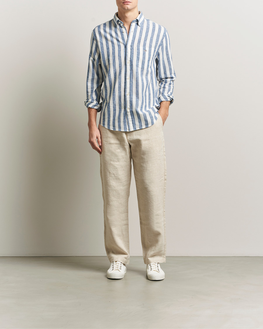 Homme | Chemises | GANT | Regular Fit Linen/Cotton Striped Shirt Vintage Blue