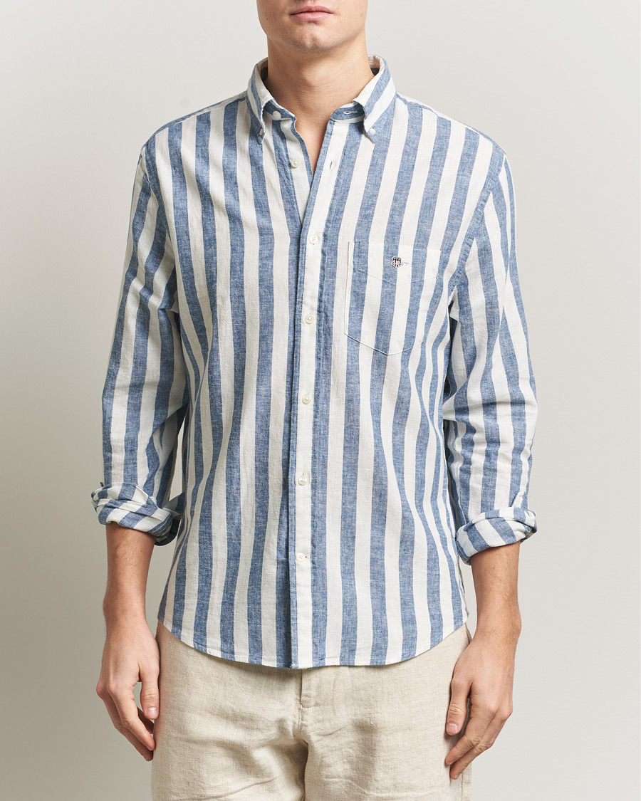 Homme | Chemises | GANT | Regular Fit Linen/Cotton Striped Shirt Vintage Blue