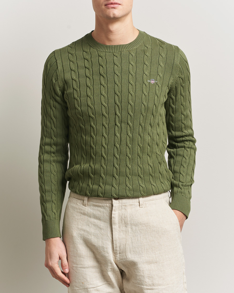 Homme | Pulls Et Tricots | GANT | Cotton Cable Crew Neck Pullover Dry Herb Green