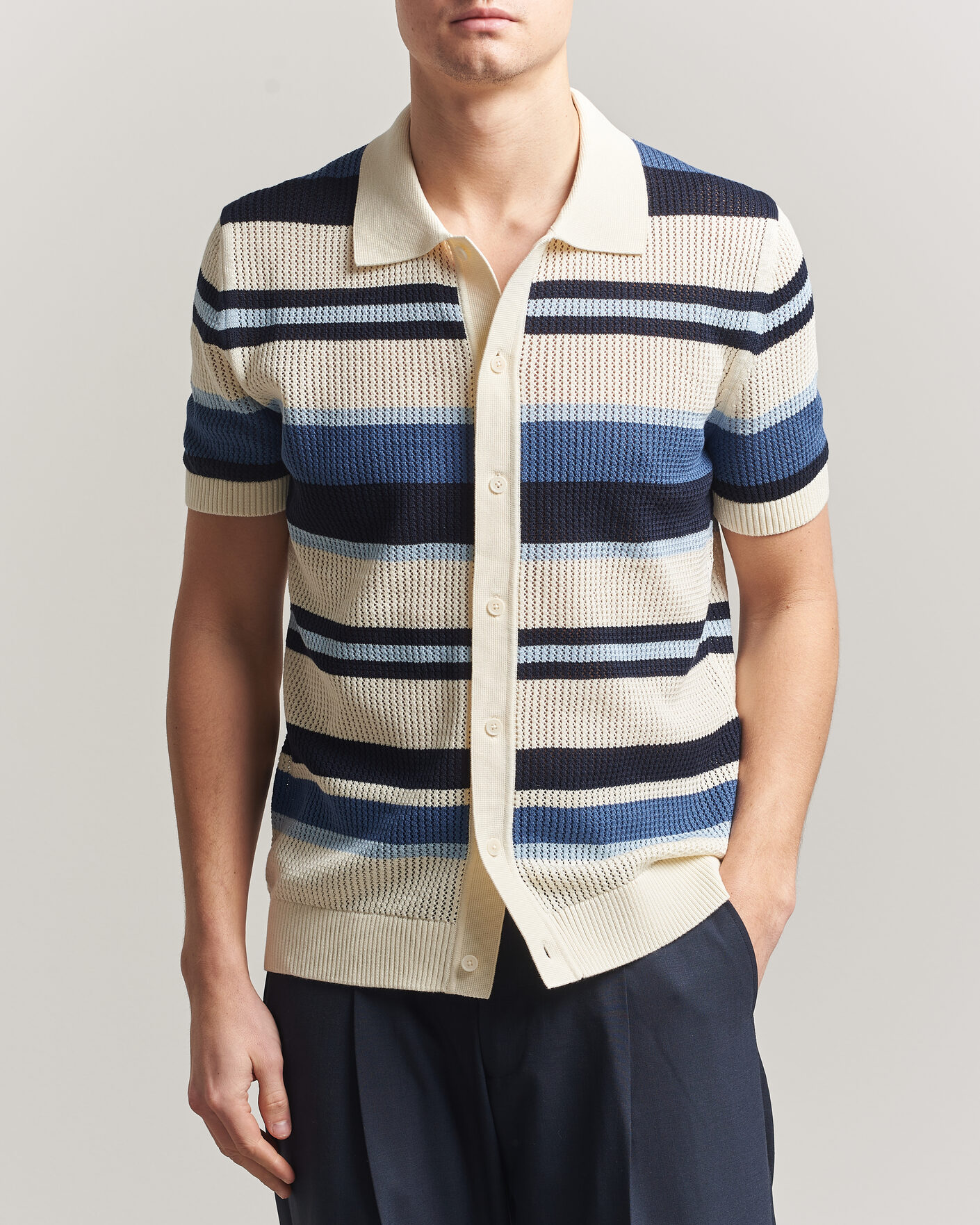 Homme | Chemises | Gant | Striped Knitted Short Sleeve Shirt Vintage Blue