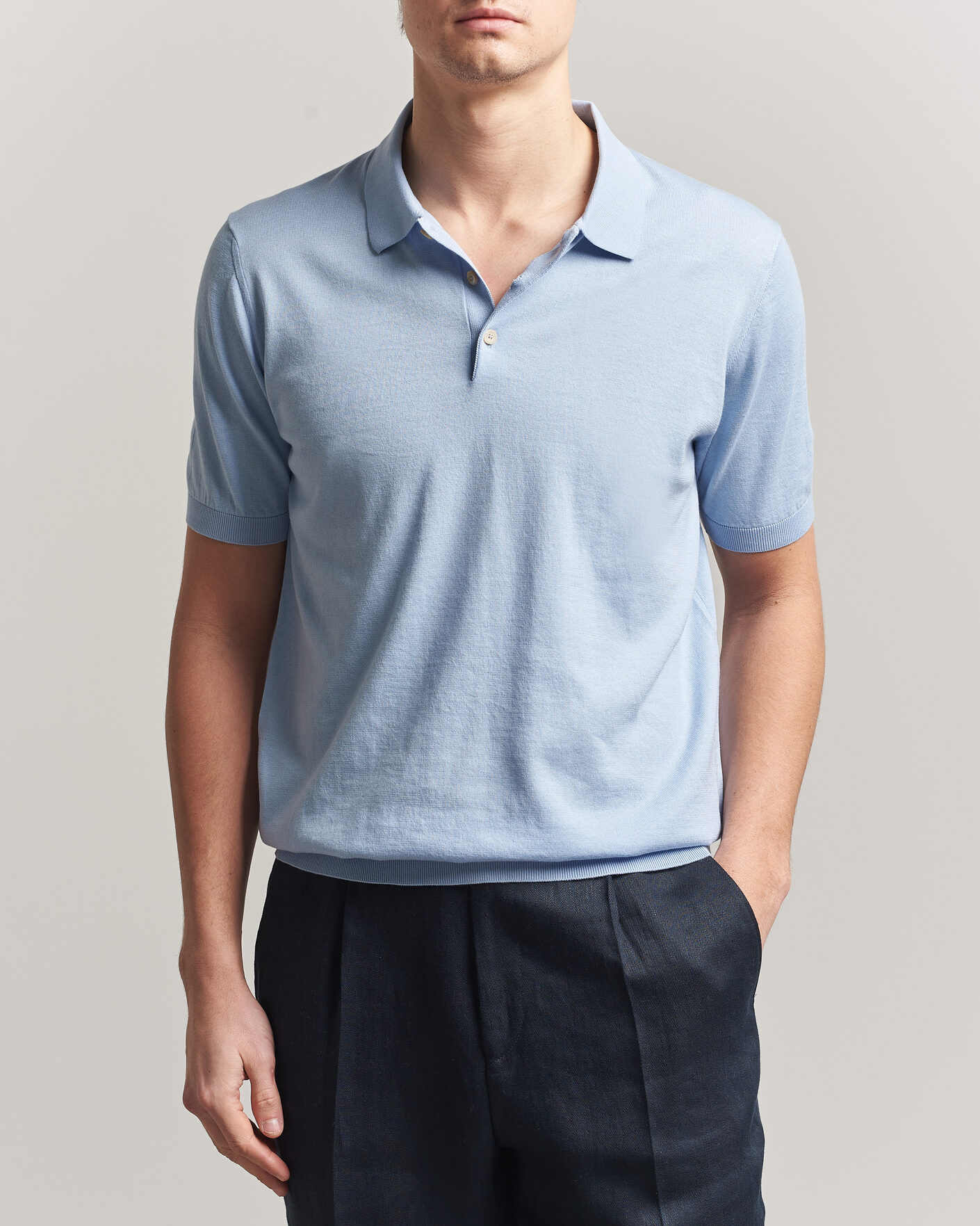Homme | Polos | Piacenza Cashmere | Short Sleeve Knitted Polo Light Blue
