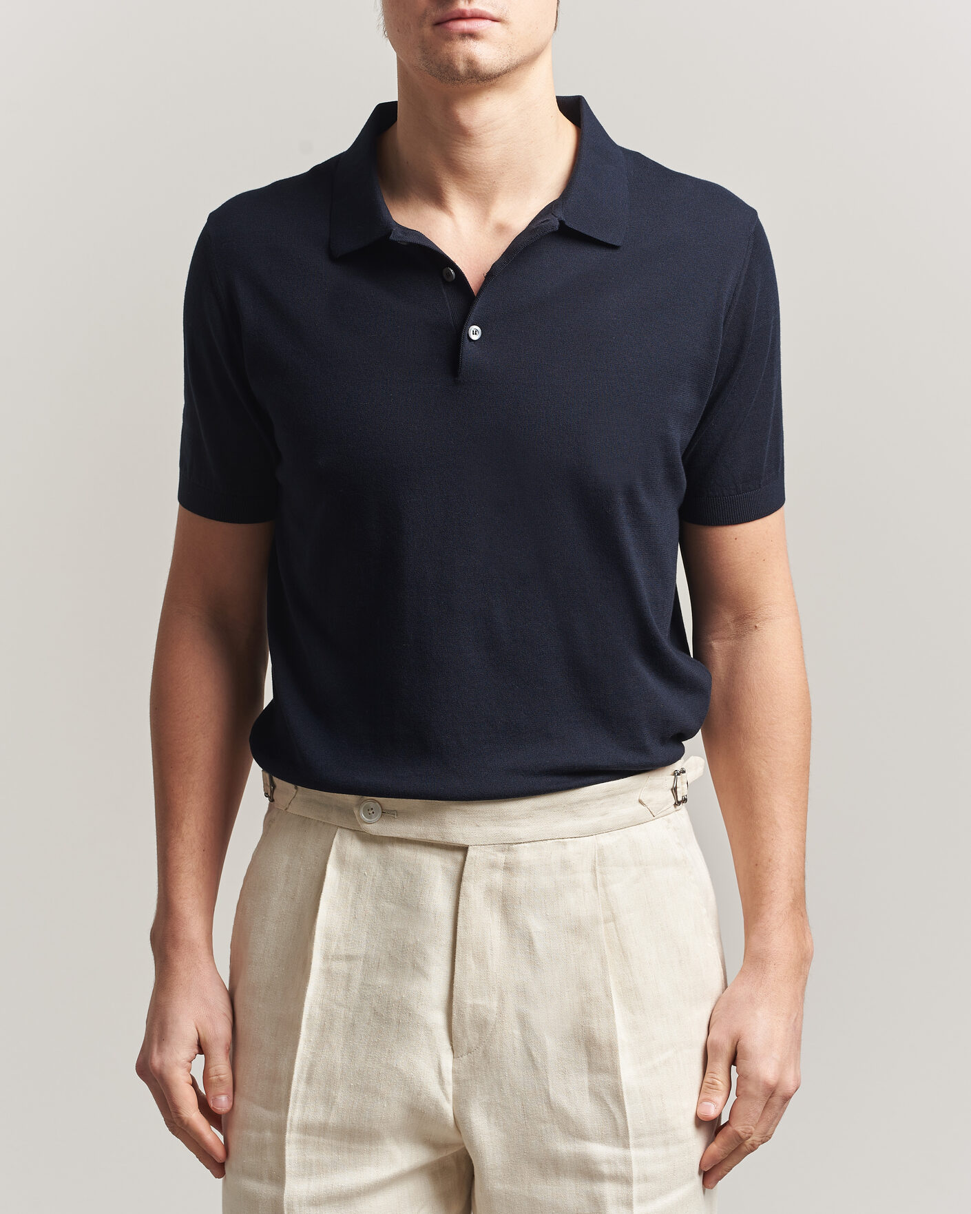 Homme | Polos | Piacenza Cashmere | Short Sleeve Knitted Polo Navy