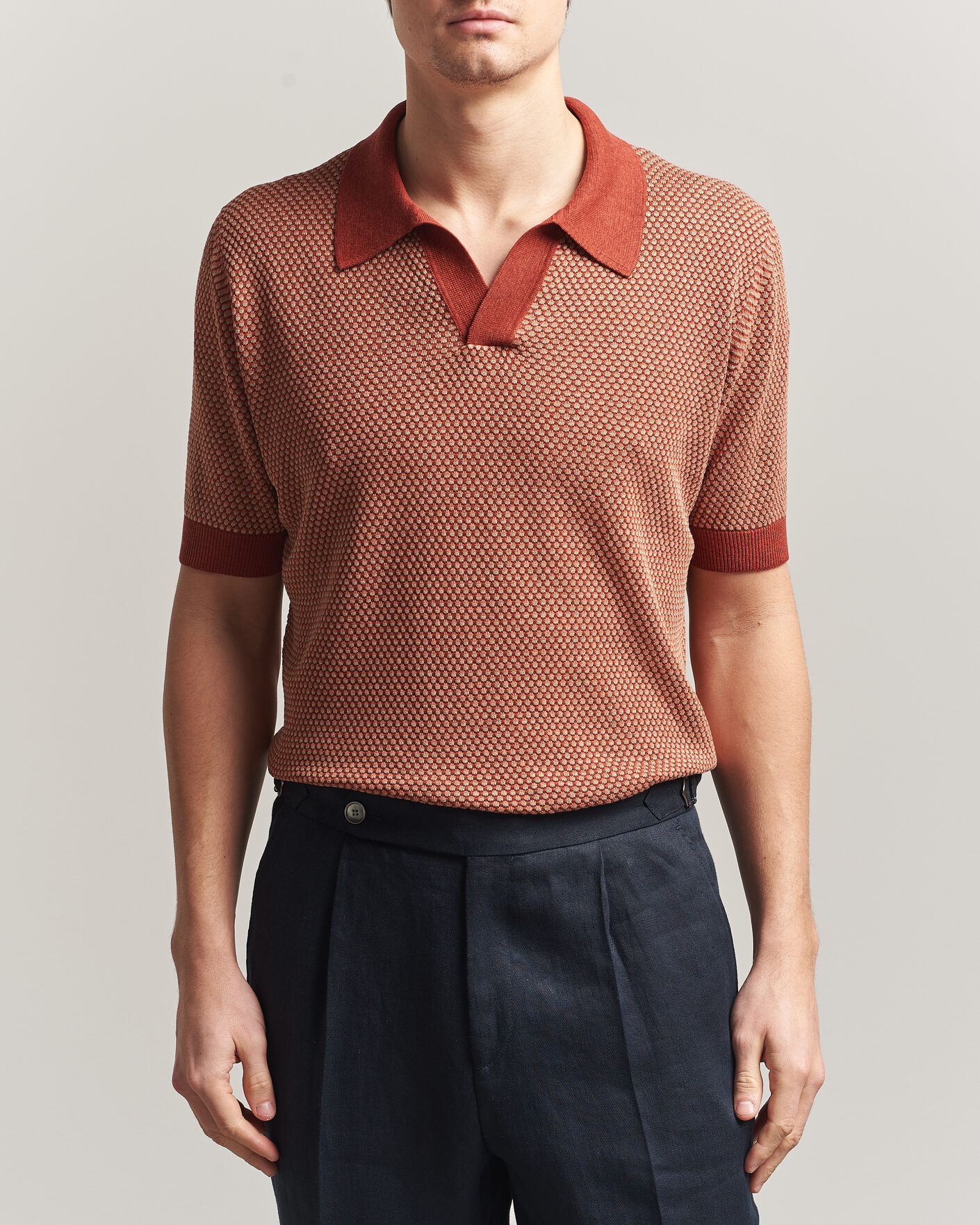 Homme | Polos | Piacenza Cashmere | Silk/Linen Honeycomb Knitted Polo Red