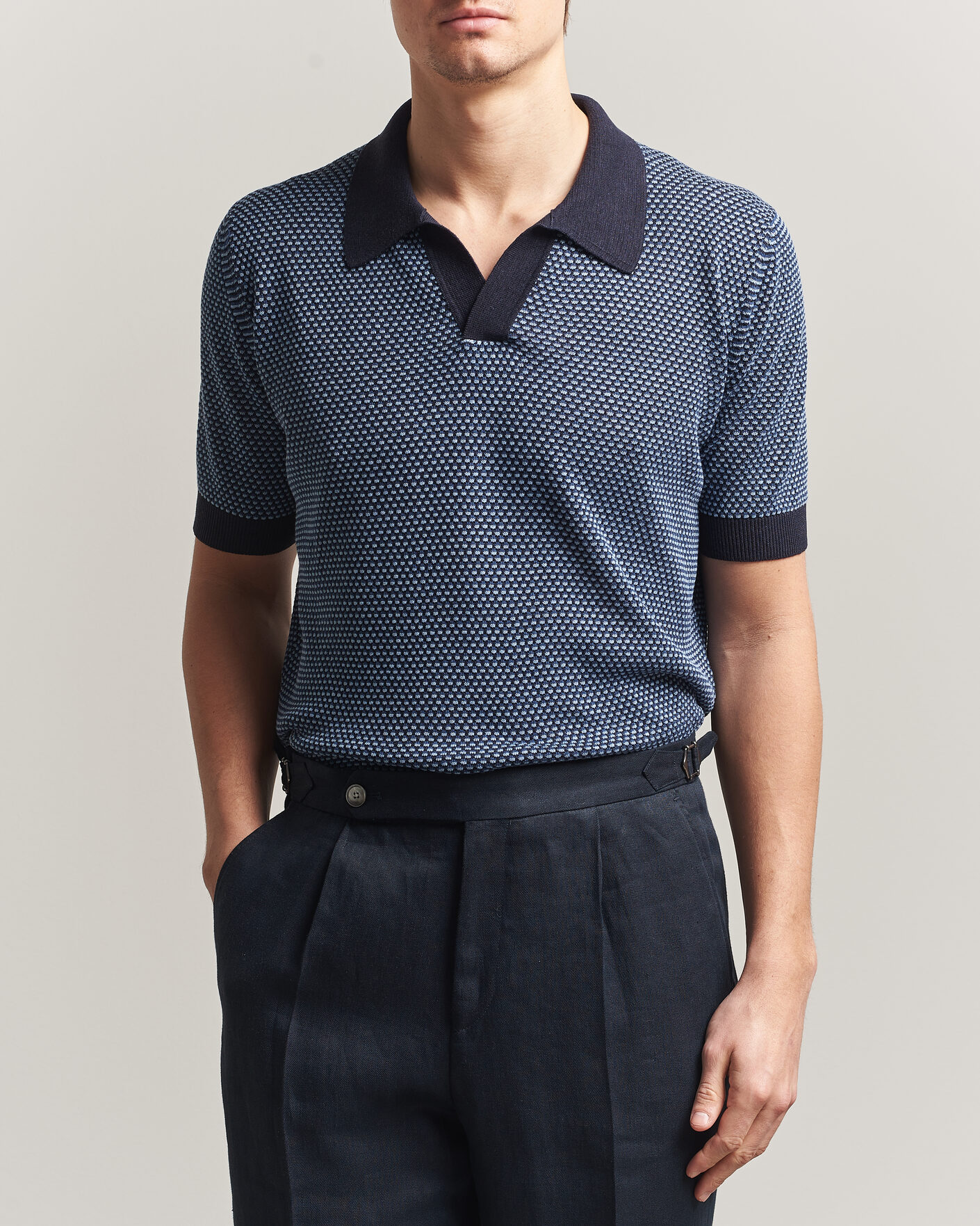 Homme | Polos | Piacenza Cashmere | Silk/Linen Honeycomb Knitted Polo Navy