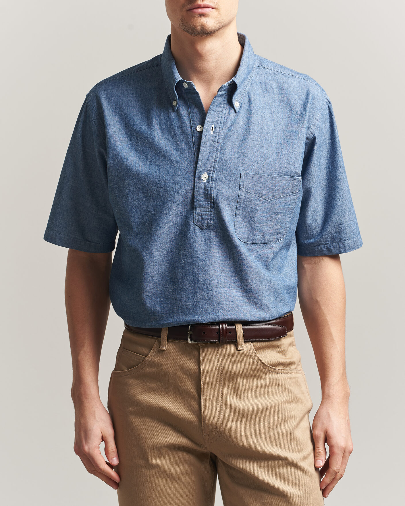 Homme | Chemises | Kamakura Shirts | Vintage Ivy Half Sleeve Chambray Popover Blue