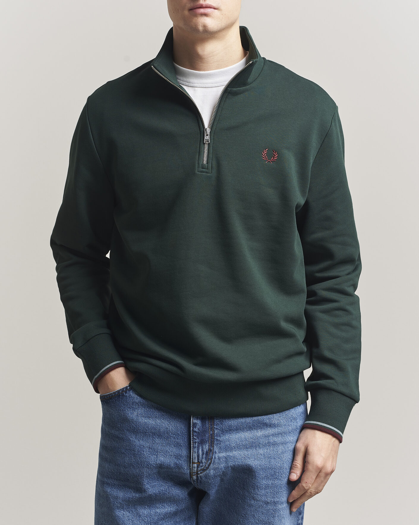 Homme | Pulls Et Tricots | Fred Perry | Half Zip Sweatshirt Grassroots Green