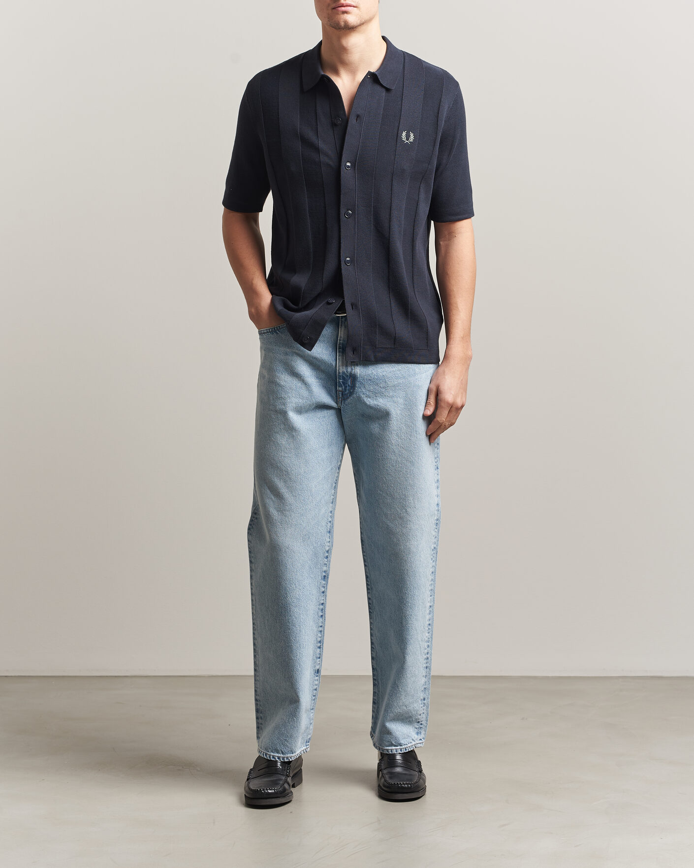 Homme | Chemises | Fred Perry | Tonal Vertical Striped Knitted Shirt Navy