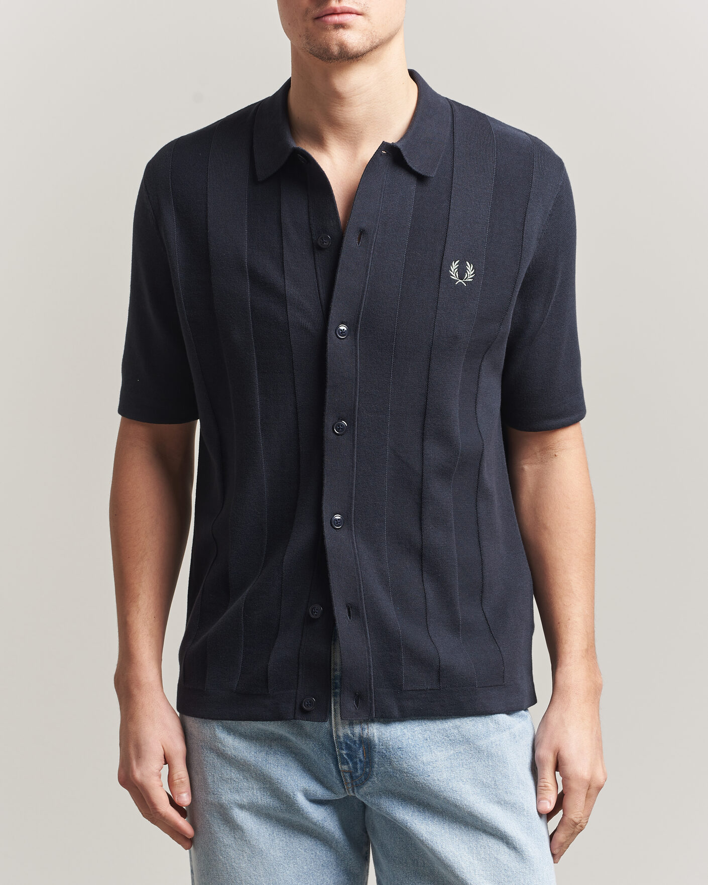 Homme | Chemises | Fred Perry | Tonal Vertical Striped Knitted Shirt Navy