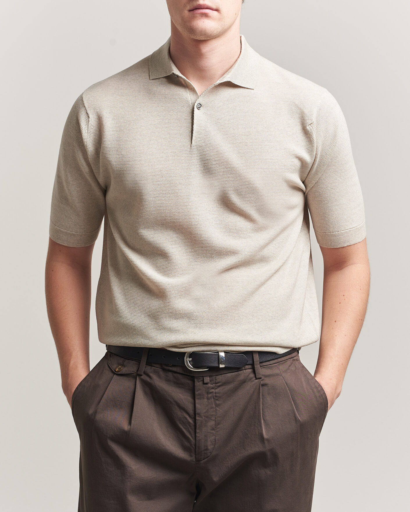 Homme | Polos | John Smedley | 14 Singular Knitted Textured Polo Grey Fleece