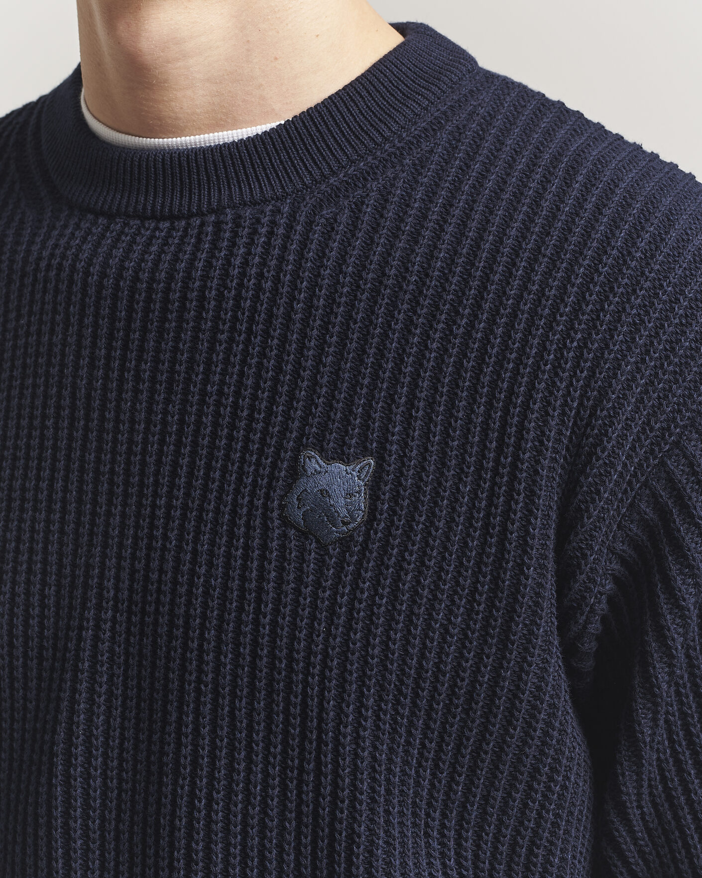 Homme | Pulls Et Tricots | Maison Kitsuné | Tonal Fox Head Rib Knitted Sweater Navy