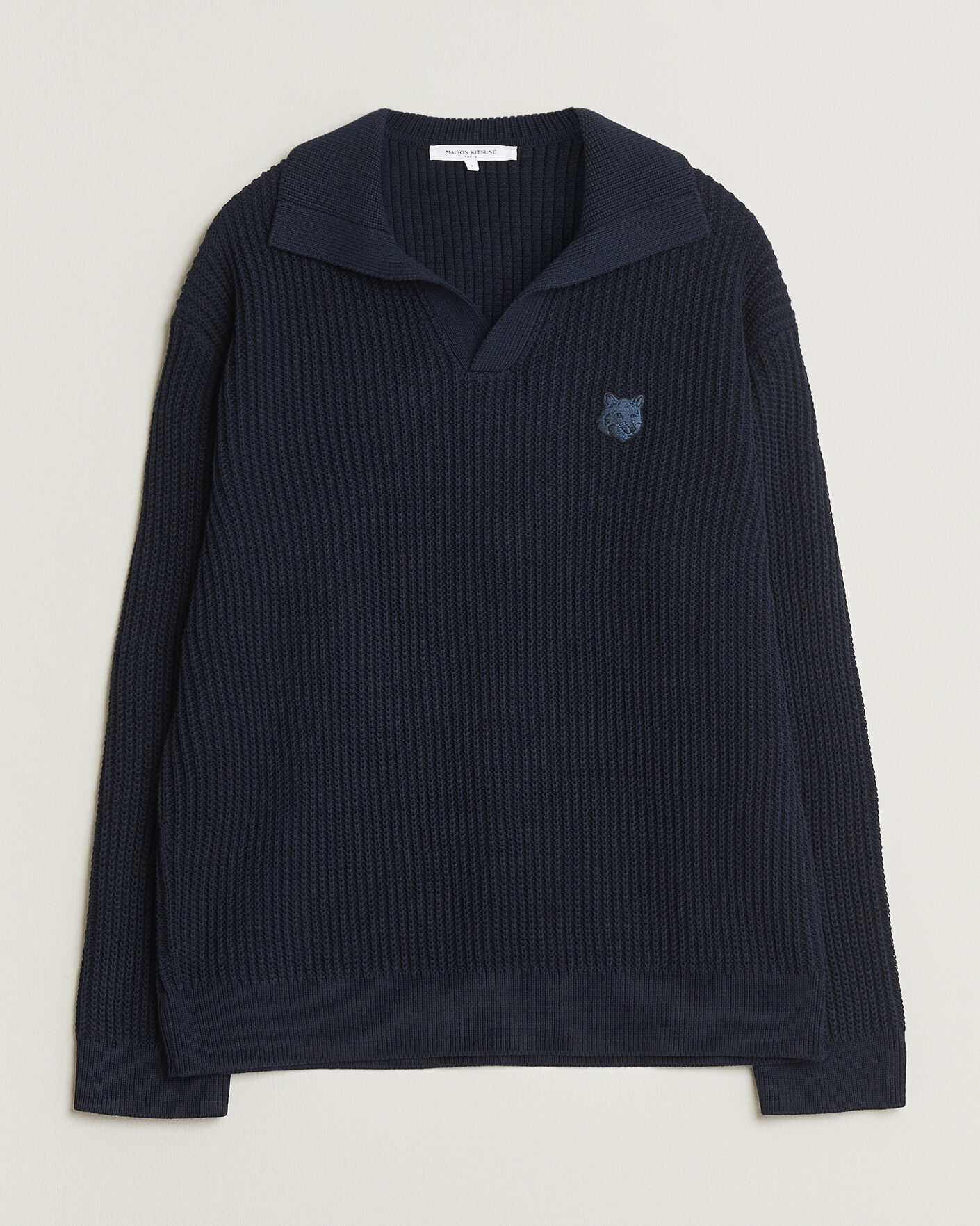 Homme | Polos | Maison Kitsuné | Tonal Fox Head Rib Knitted Polo Navy