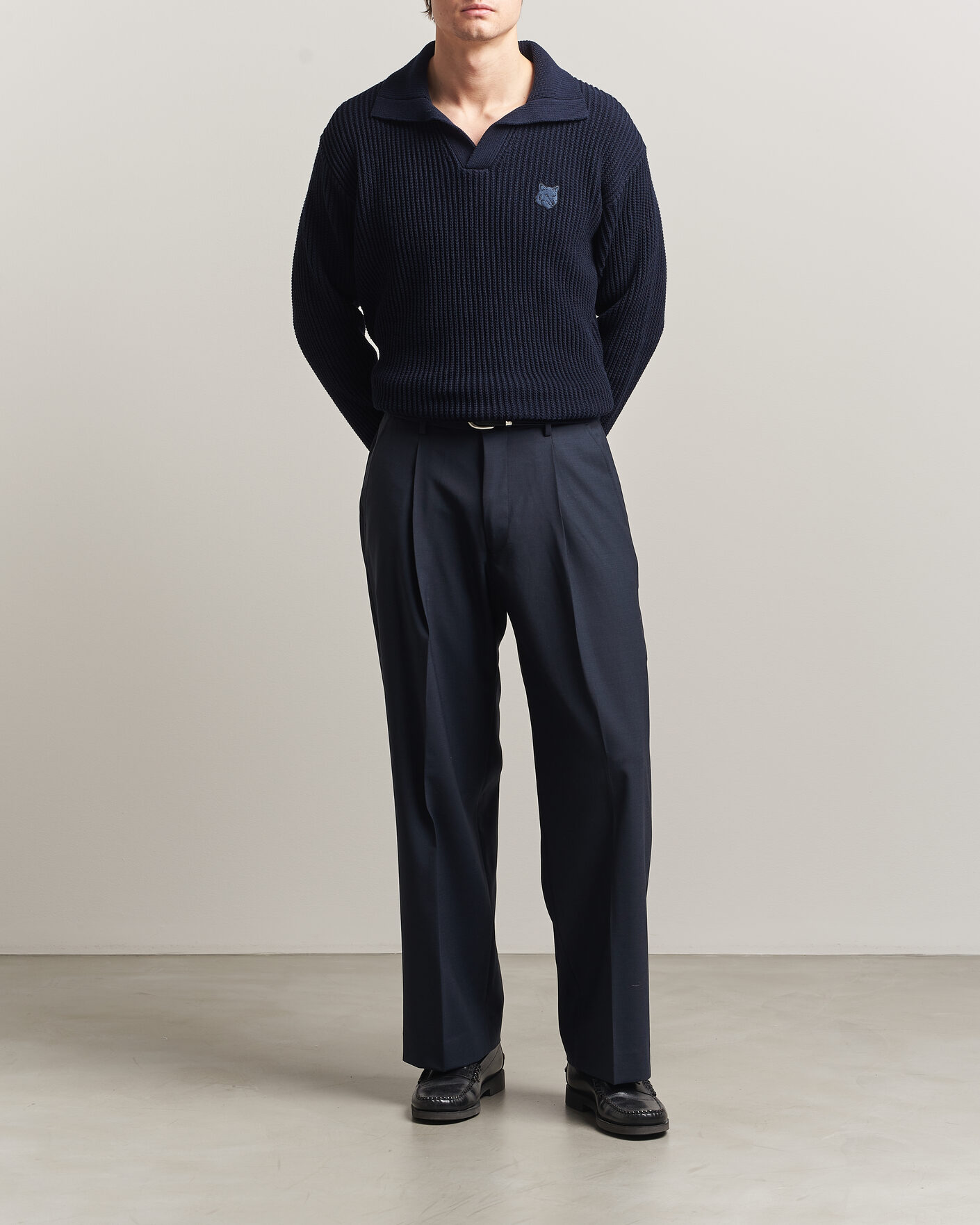 Homme | Polos | Maison Kitsuné | Tonal Fox Head Rib Knitted Polo Navy