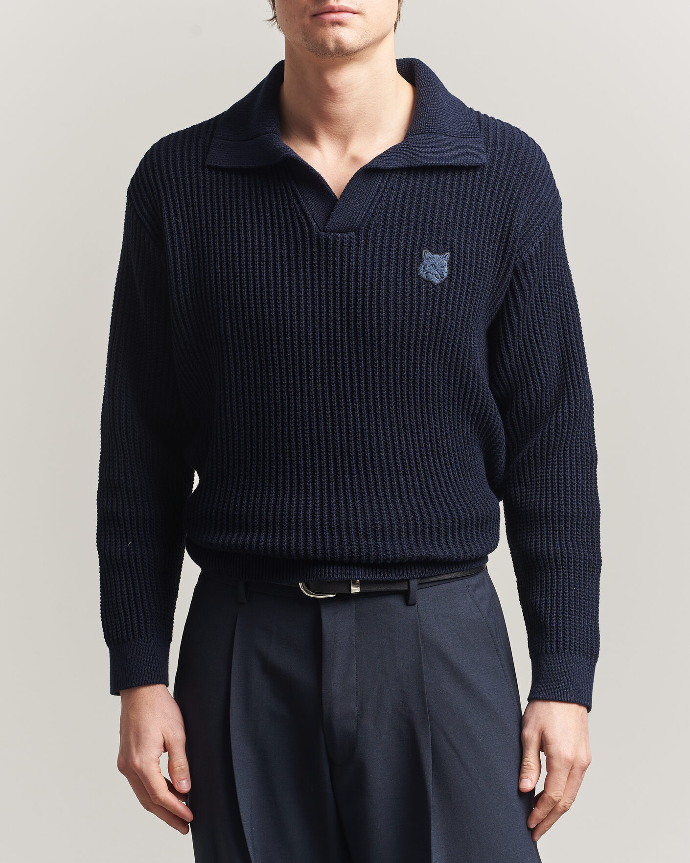 Homme | Polos | Maison Kitsuné | Tonal Fox Head Rib Knitted Polo Navy